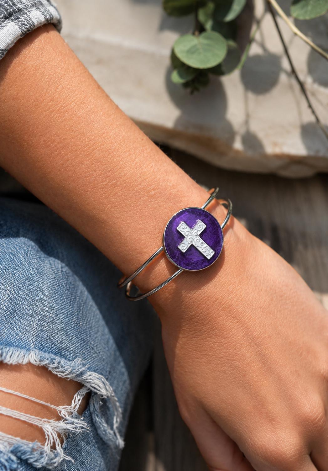 Handmade Purple Resin Cross Bracelet, Silver Tone Open Cuff Bracelet, Faith Inspired Christian Jewelry, Boho Rustic Bracelet Gift