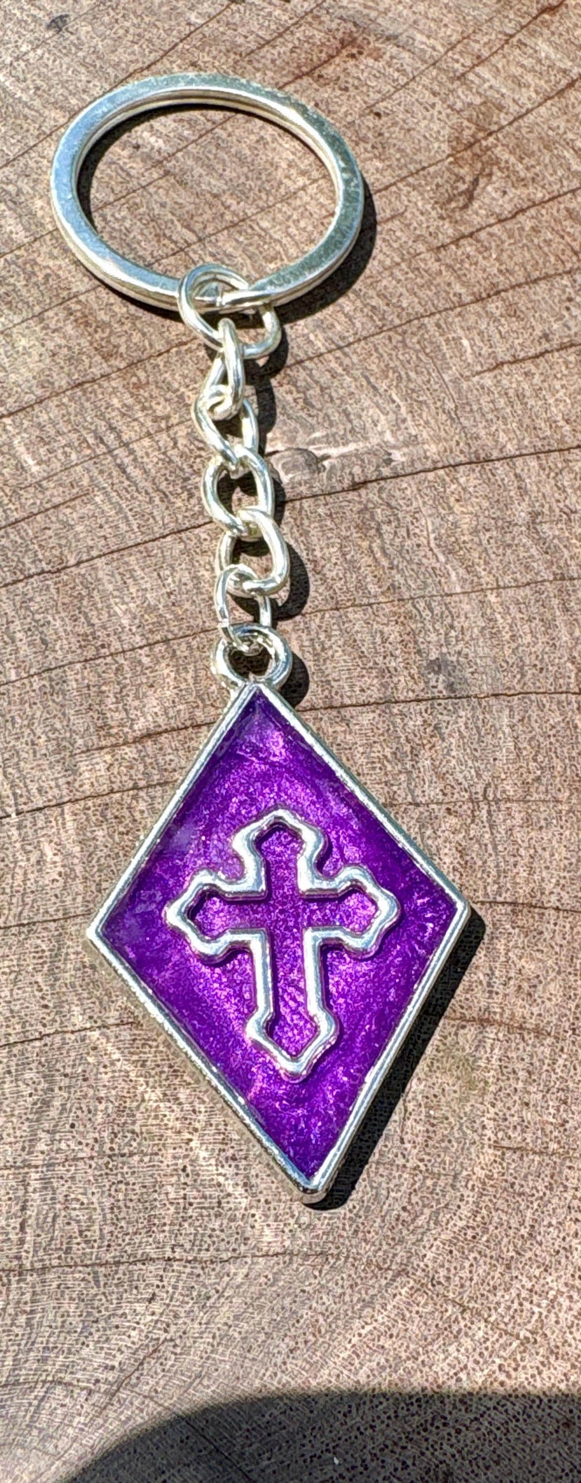 Handmade Purple Resin Cross Keychain, Silver Tone Bag Chain, Faith Inspired Christian Jewelry, Boho Rustic Purse Accessory Gift
