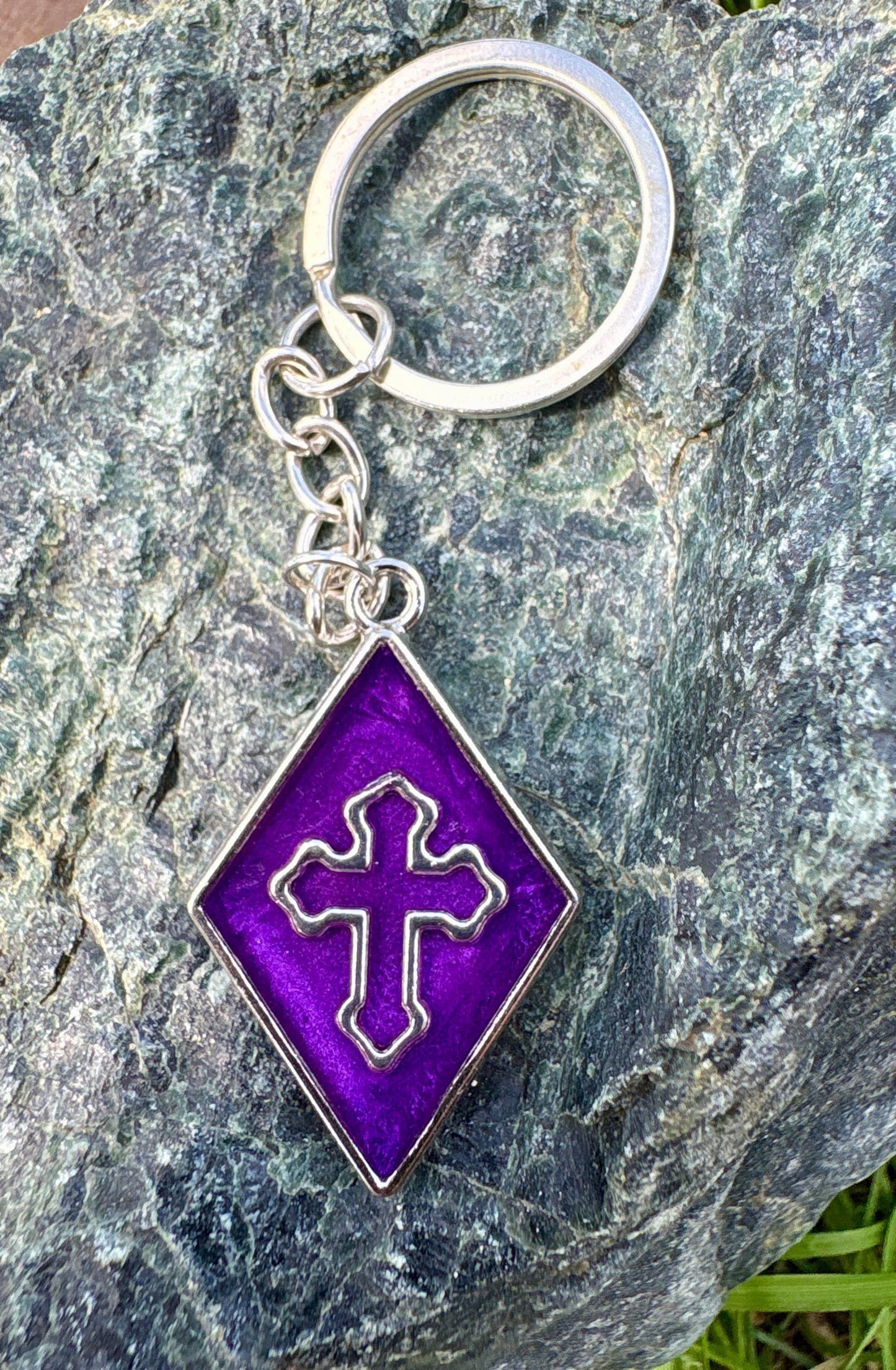 Handmade Purple Resin Cross Keychain, Silver Tone Bag Chain, Faith Inspired Christian Jewelry, Boho Rustic Purse Accessory Gift