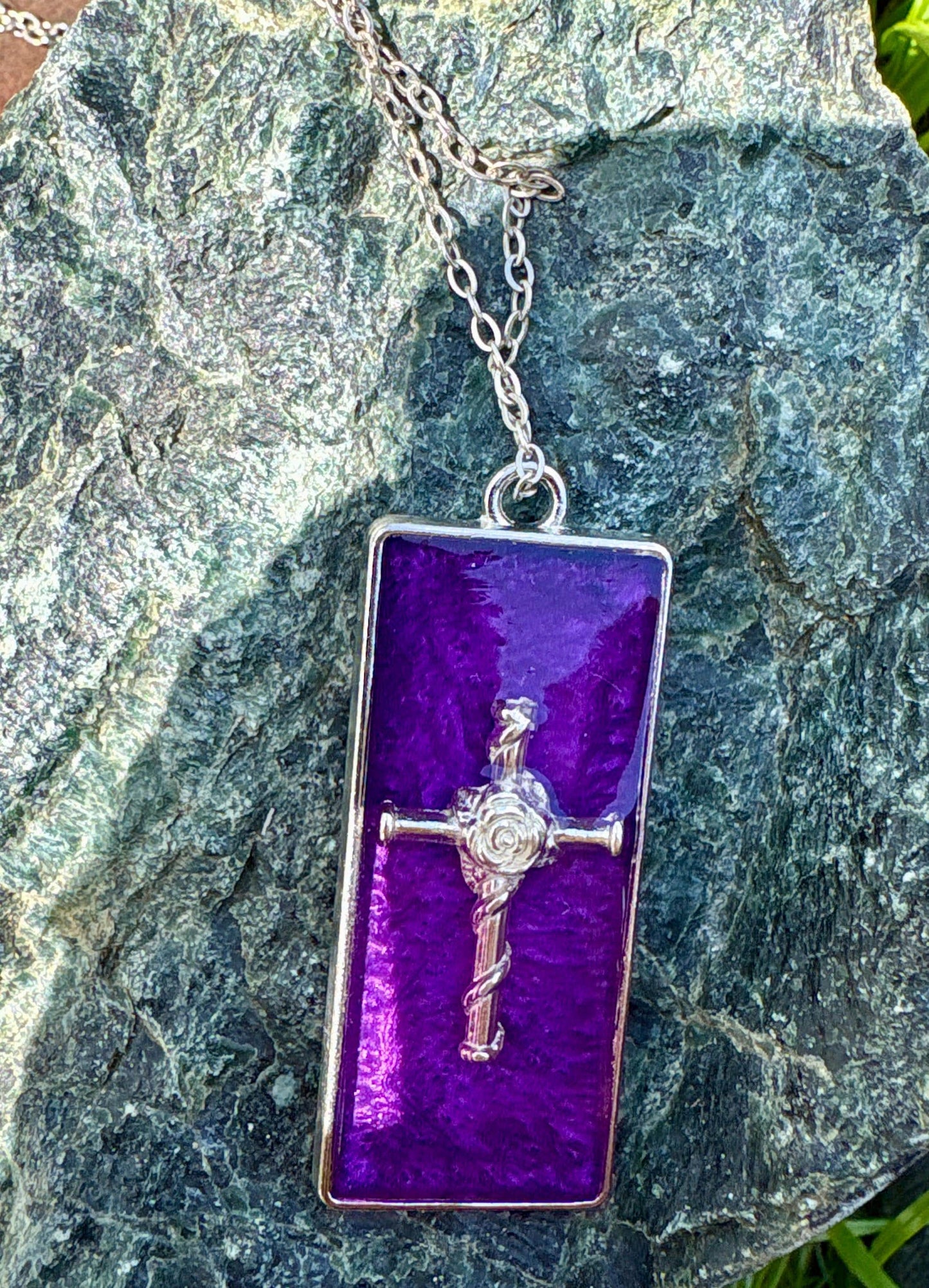 Handmade Purple Resin Cross Pendant, Silver Tone Necklace, Faith Inspired Christian Jewelry, Gift For Her, Colorful Accessory