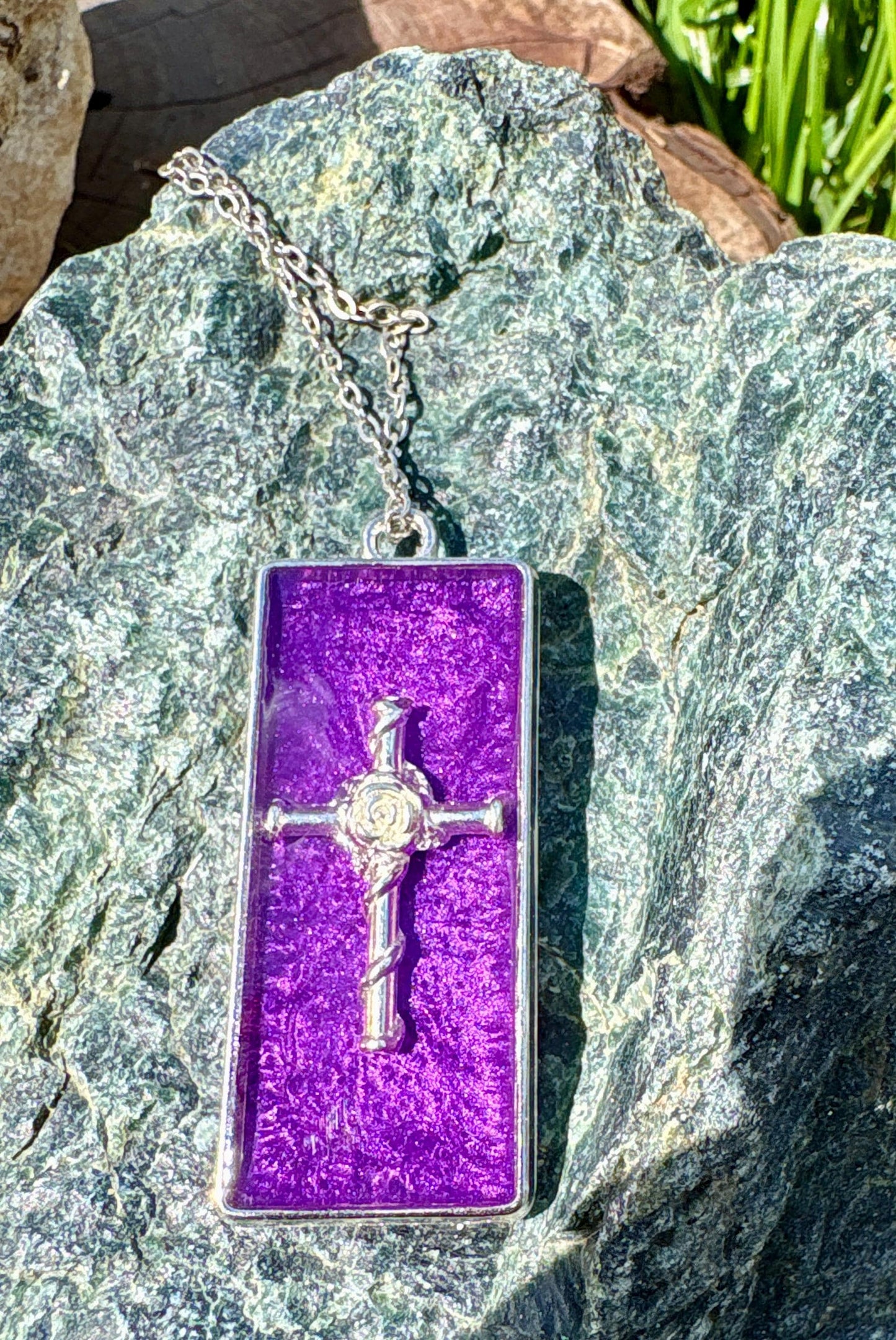Handmade Purple Resin Cross Pendant, Silver Tone Necklace, Faith Inspired Christian Jewelry, Gift For Her, Colorful Accessory