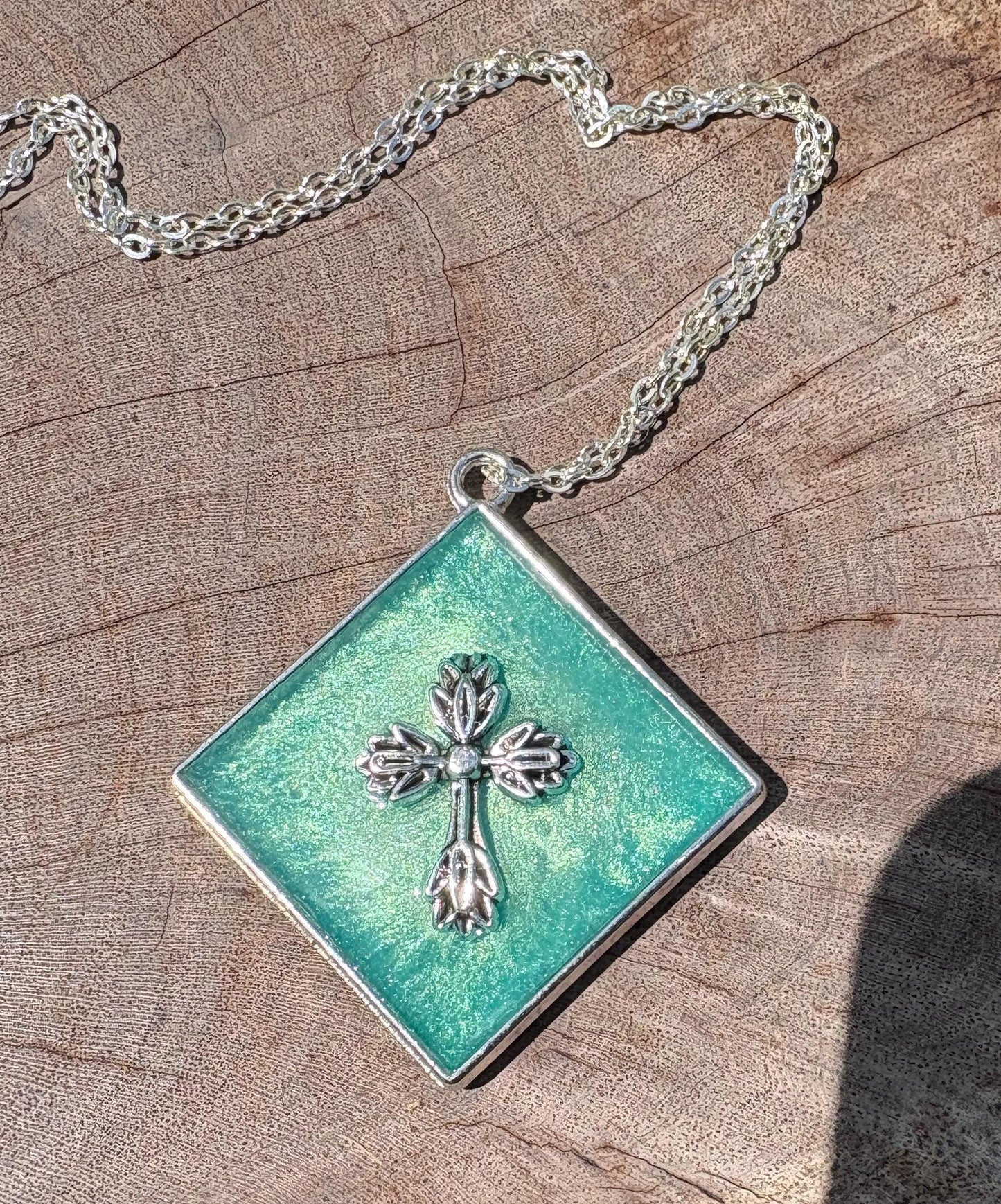 Handmade Turquoise Resin Cross Pendant, Silver Tone Diamond Frame Necklace, Faith Inspired Christian Jewelry, Gift For Her, Blue Accessory