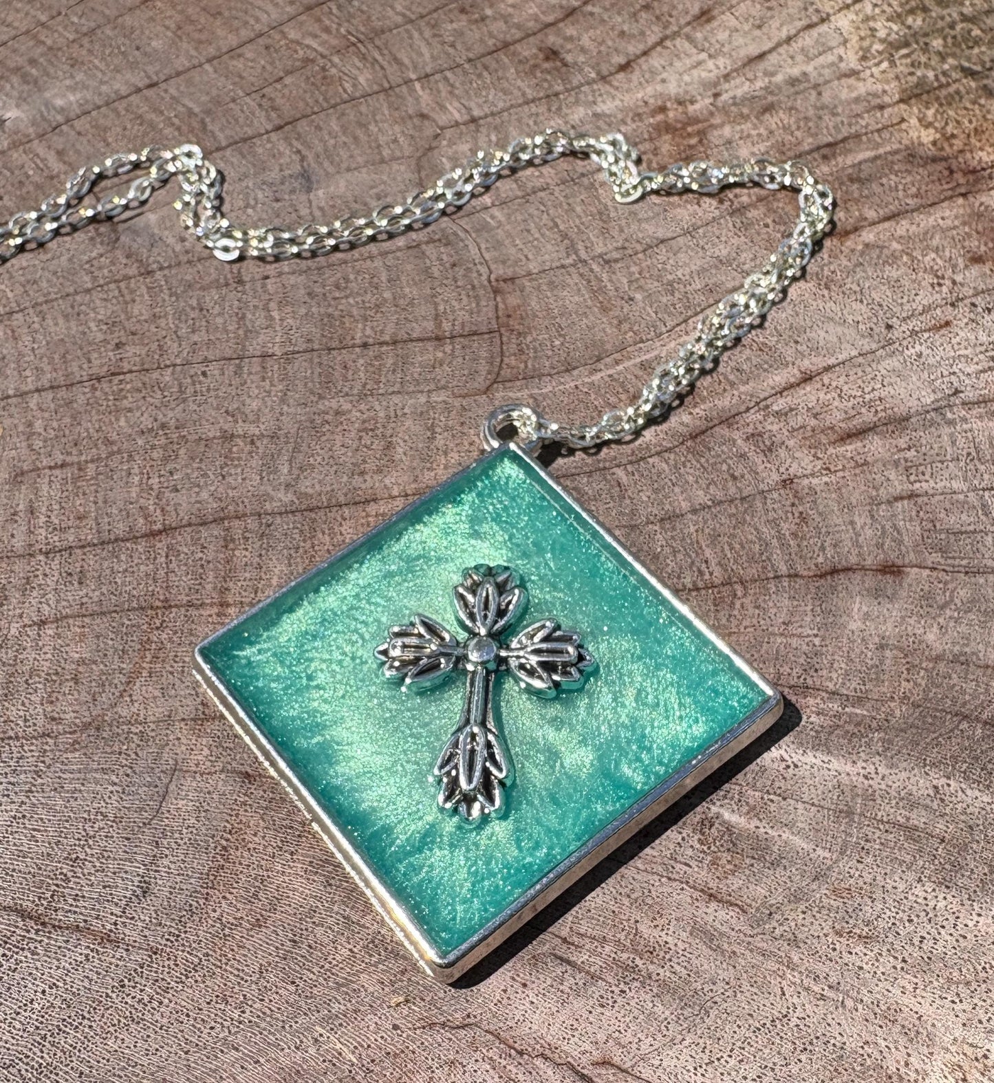 Handmade Turquoise Resin Cross Pendant, Silver Tone Diamond Frame Necklace, Faith Inspired Christian Jewelry, Gift For Her, Blue Accessory