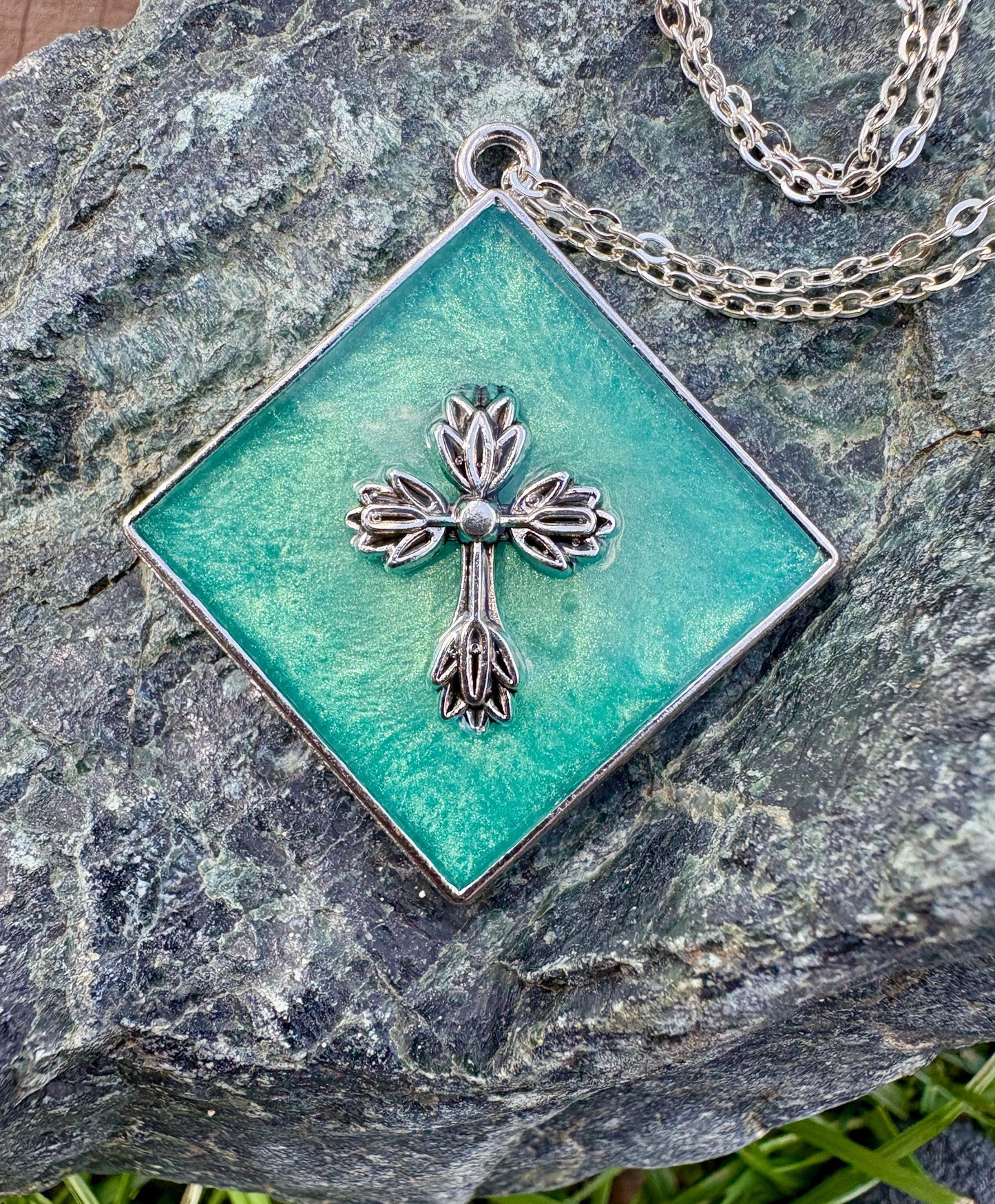 Handmade Turquoise Resin Cross Pendant, Silver Tone Diamond Frame Necklace, Faith Inspired Christian Jewelry, Gift For Her, Blue Accessory