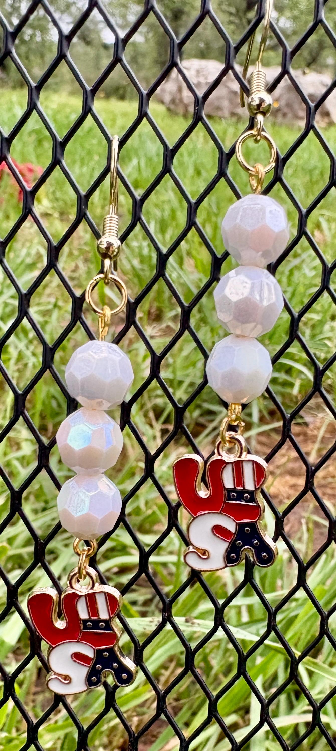 Handmade Patriotic USA Dangle Earrings, Red White Blue Beaded Jewelry