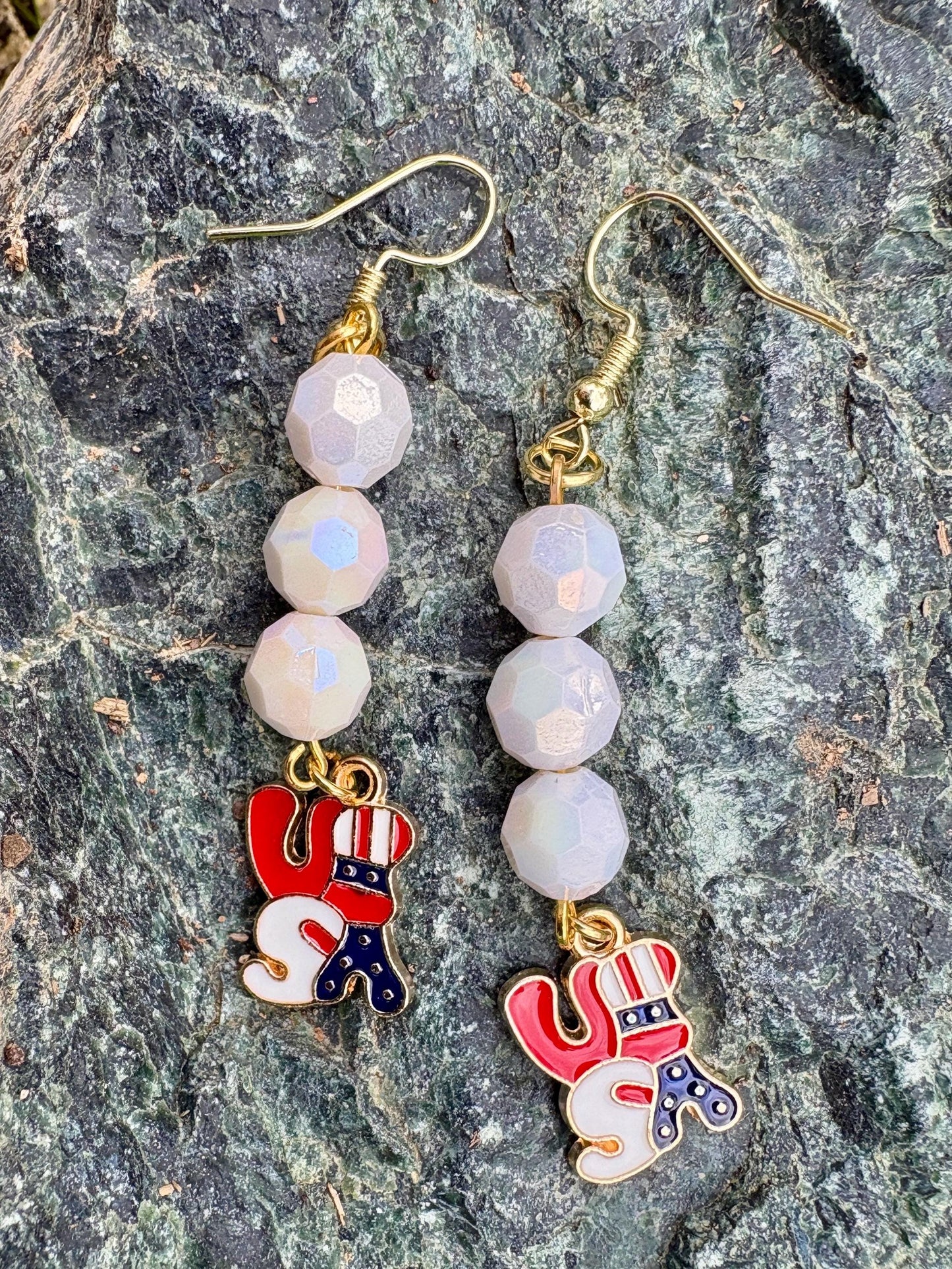Handmade Patriotic USA Dangle Earrings, Red White Blue Beaded Jewelry