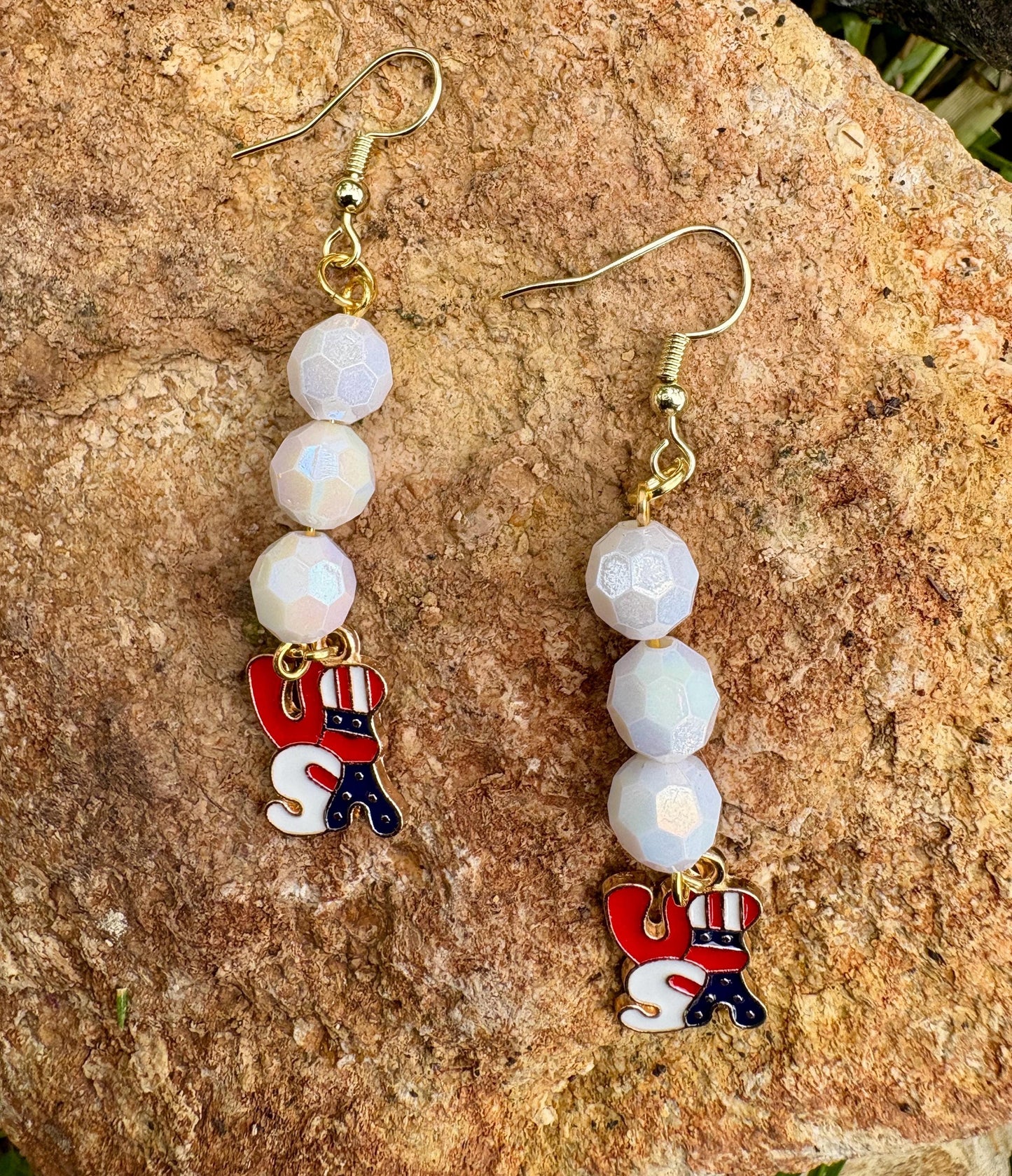 Handmade Patriotic USA Dangle Earrings, Red White Blue Beaded Jewelry
