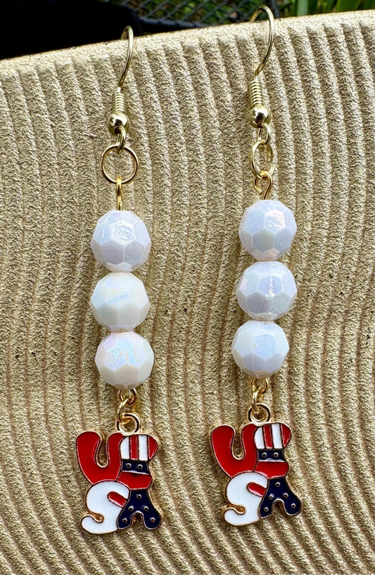 Handmade Patriotic USA Dangle Earrings, Red White Blue Beaded Jewelry