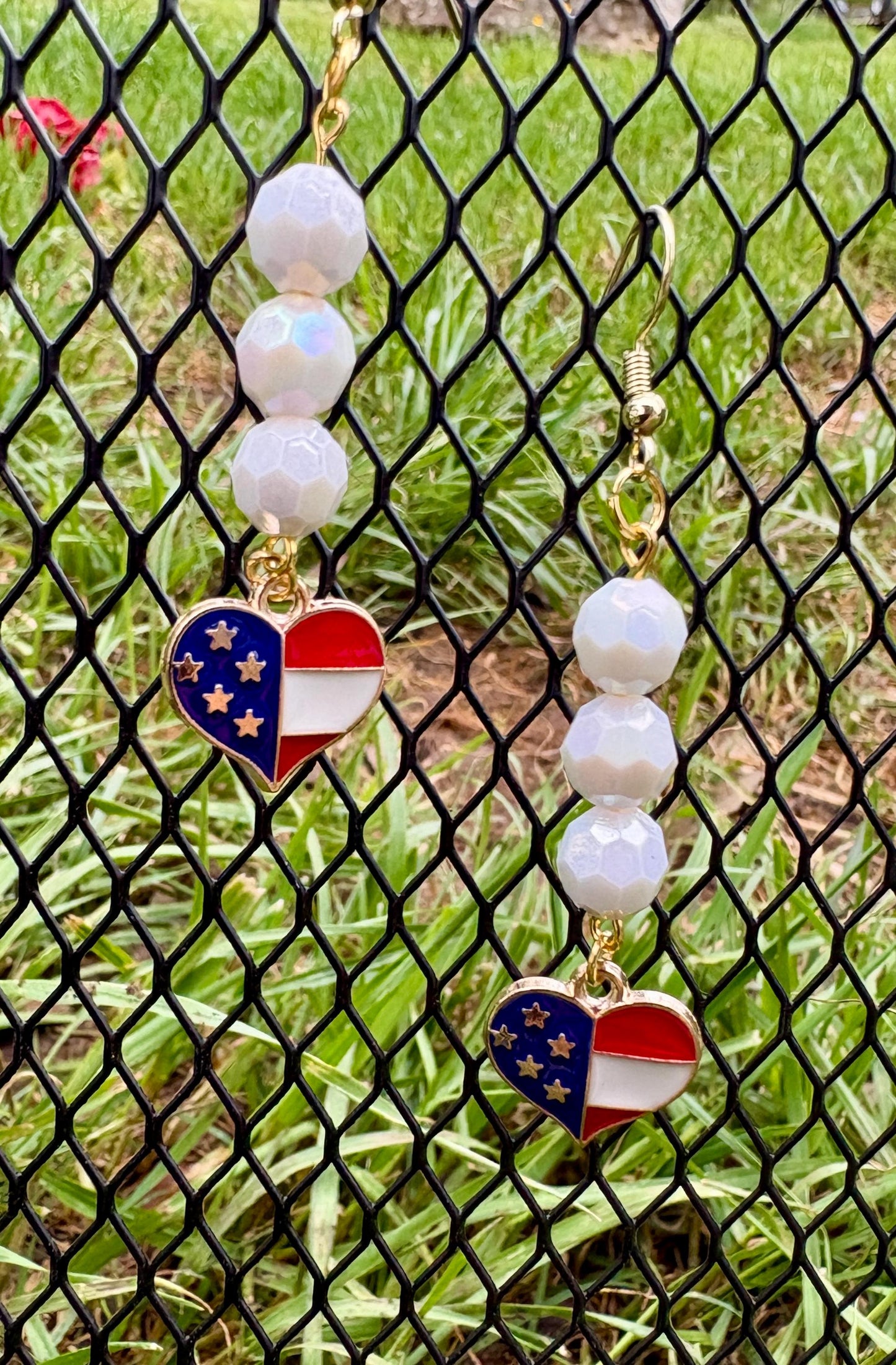 Handmade Patriotic Dangle Earrings, Red White Blue Heart Charms, Gold-Tone Hooks