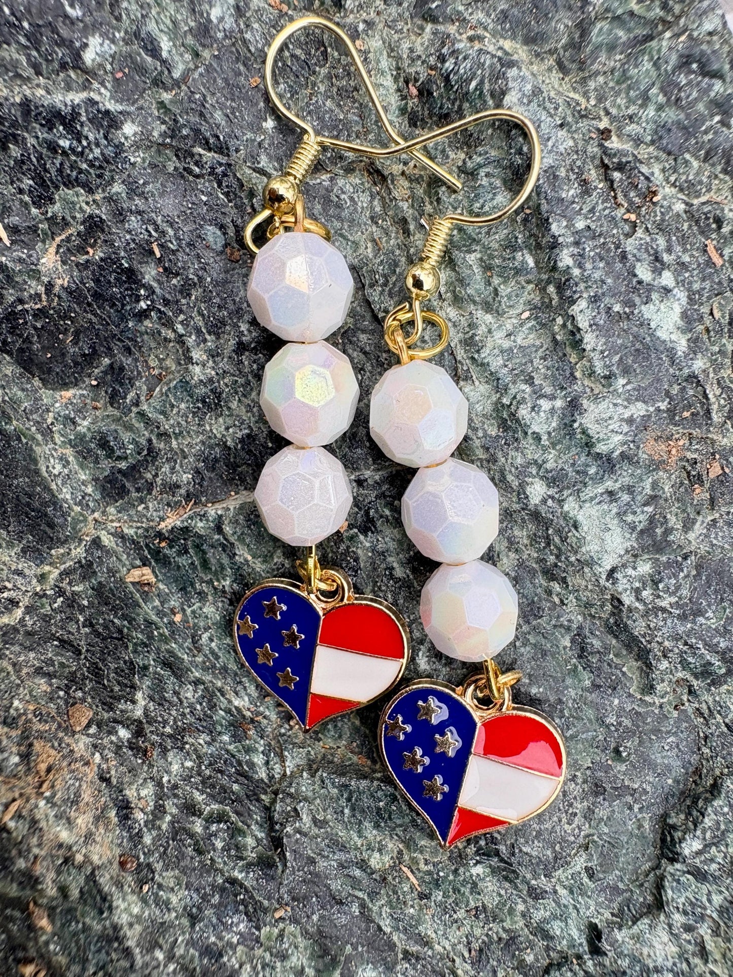 Handmade Patriotic Dangle Earrings, Red White Blue Heart Charms, Gold-Tone Hooks