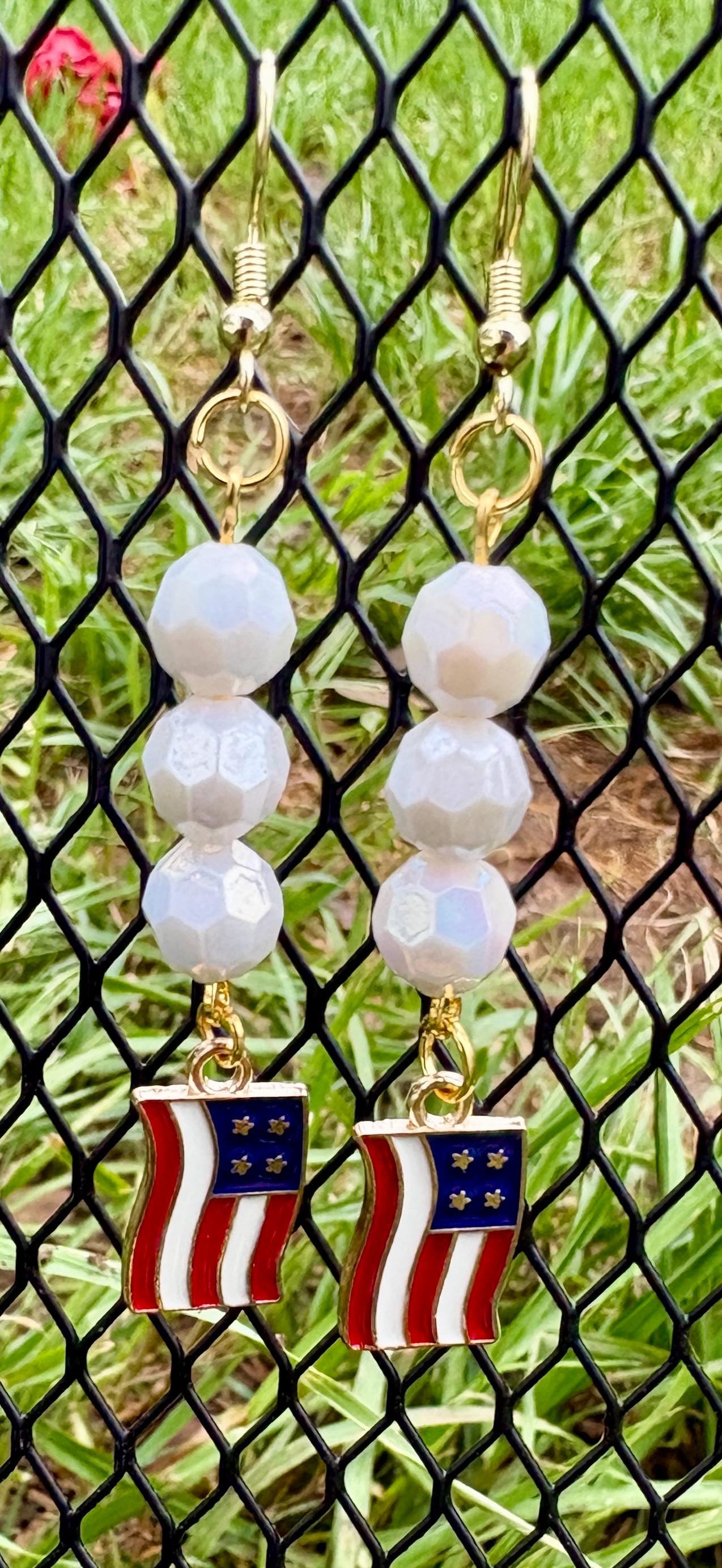 Handmade Patriotic Americana Dangle Earrings, White Faceted Beads, Gold-Tone Hooks