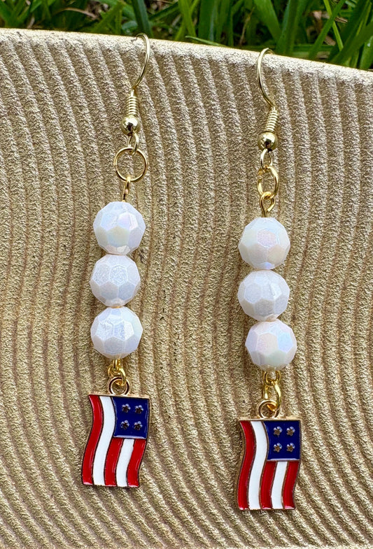 Handmade Patriotic Americana Dangle Earrings, White Faceted Beads, Gold-Tone Hooks