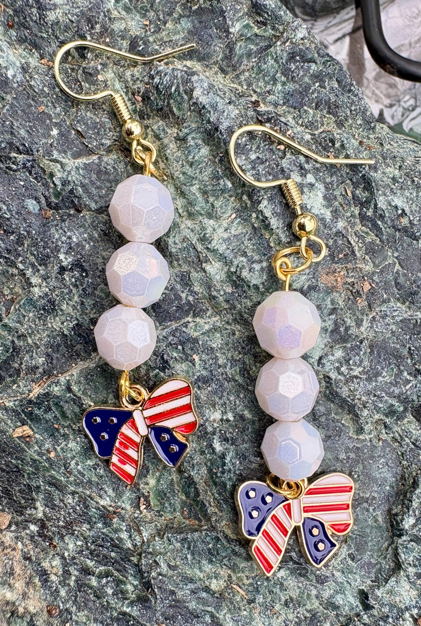 Handmade Patriotic Americana Earrings, White Beads, Flag Bow Charms, 4th of July Jewelry