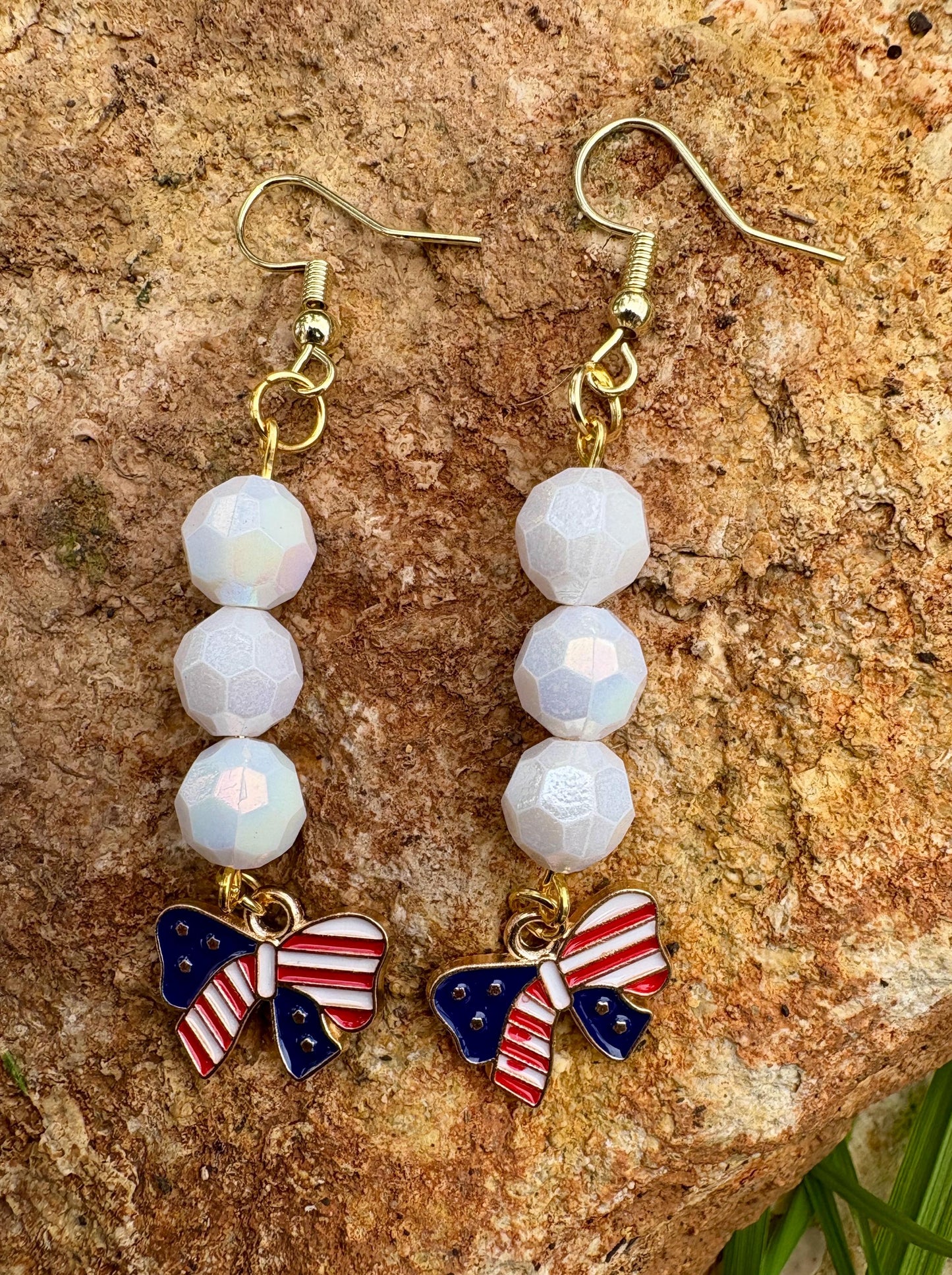 Handmade Patriotic Americana Earrings, White Beads, Flag Bow Charms, 4th of July Jewelry