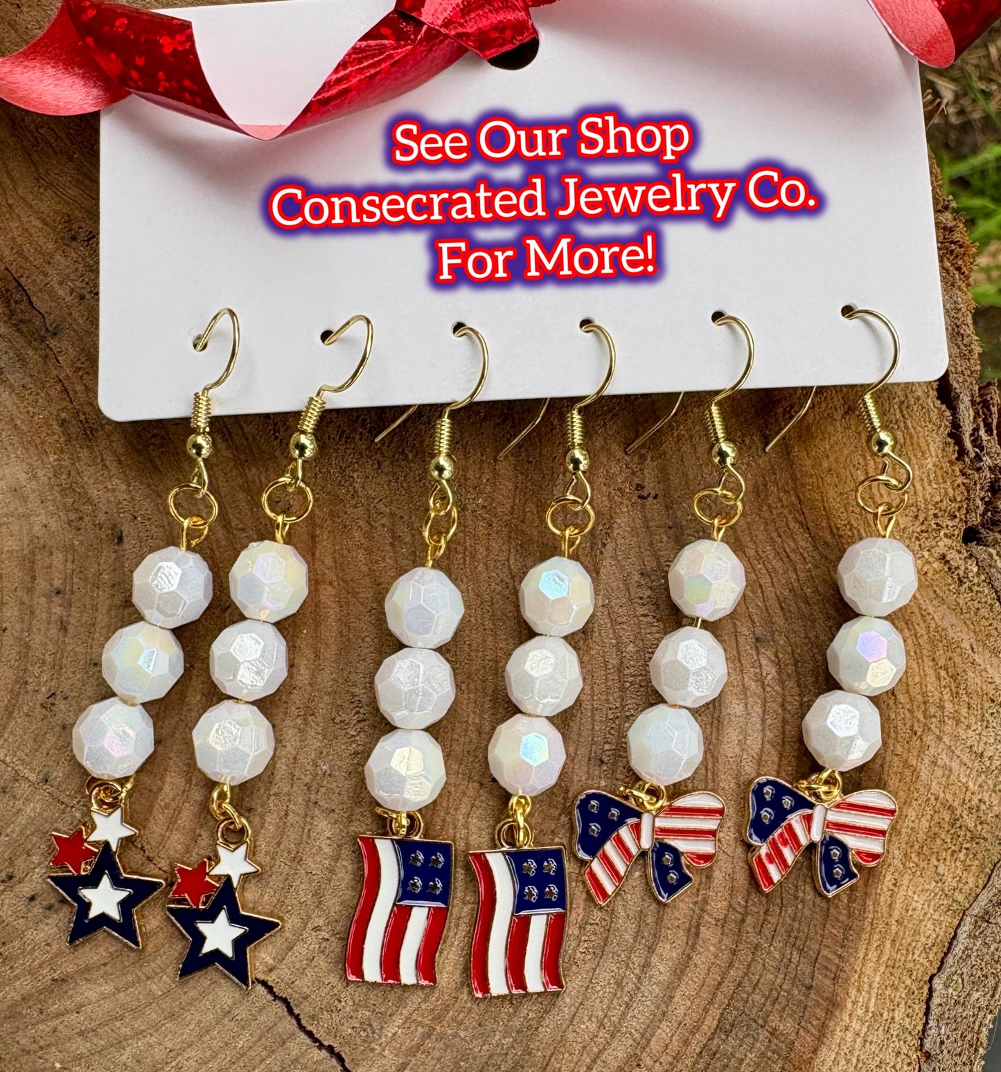 Handmade Patriotic Americana Dangle Earrings, White Faceted Beads, Gold-Tone Hooks