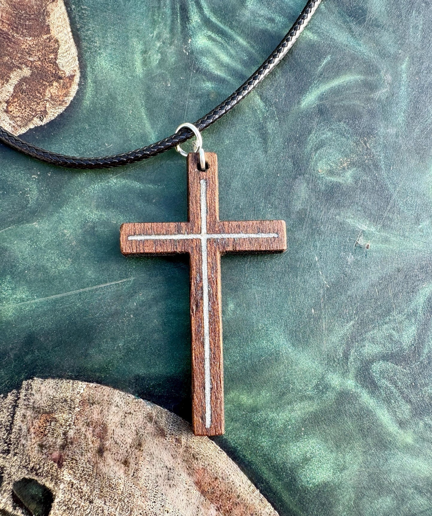 Black Walnut Cross Necklace, White Shimmer Resin Inlay, Faith Jewelry, Adjustable Cord