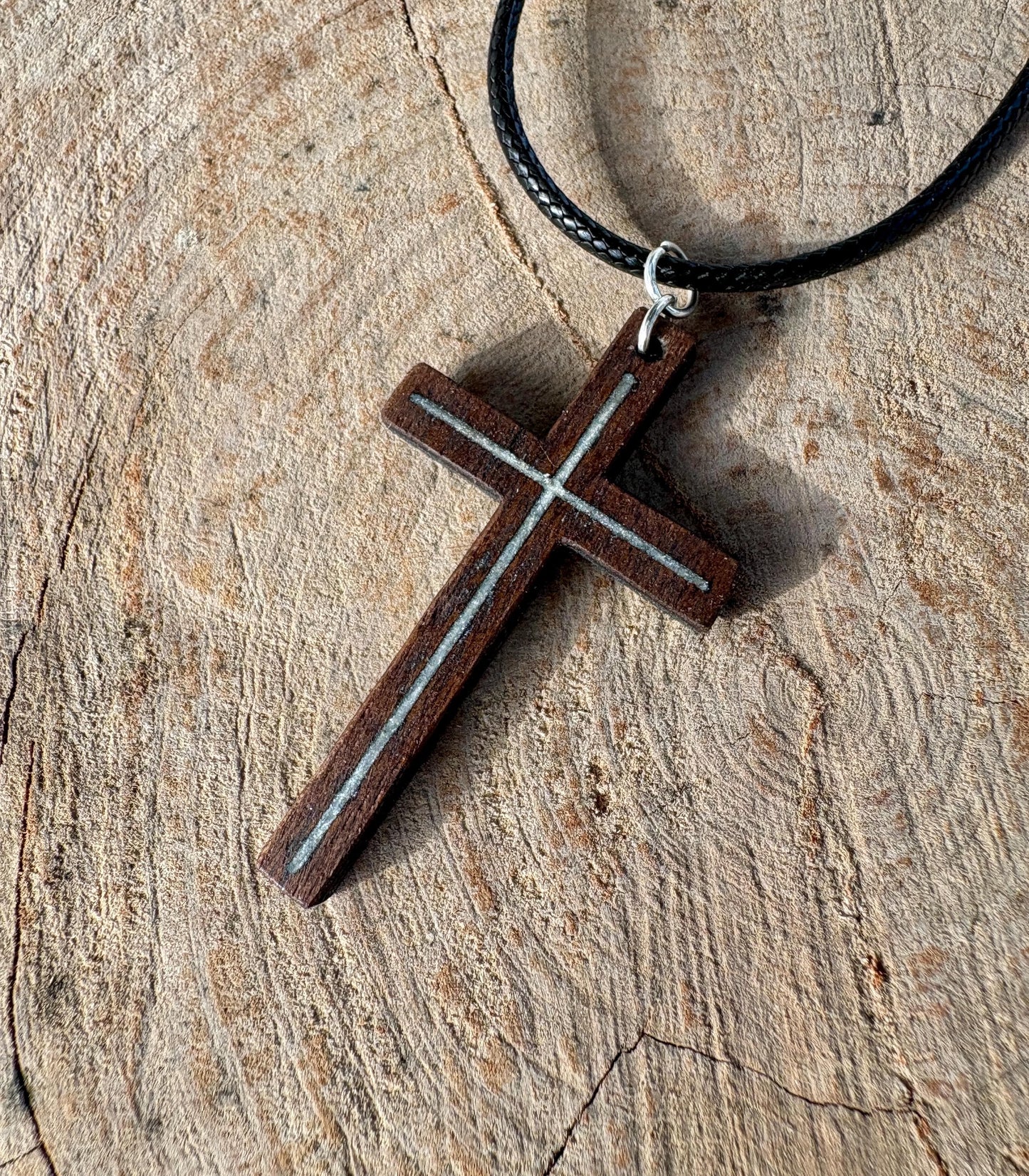 Black Walnut Cross Necklace, White Shimmer Resin Inlay, Faith Jewelry, Adjustable Cord