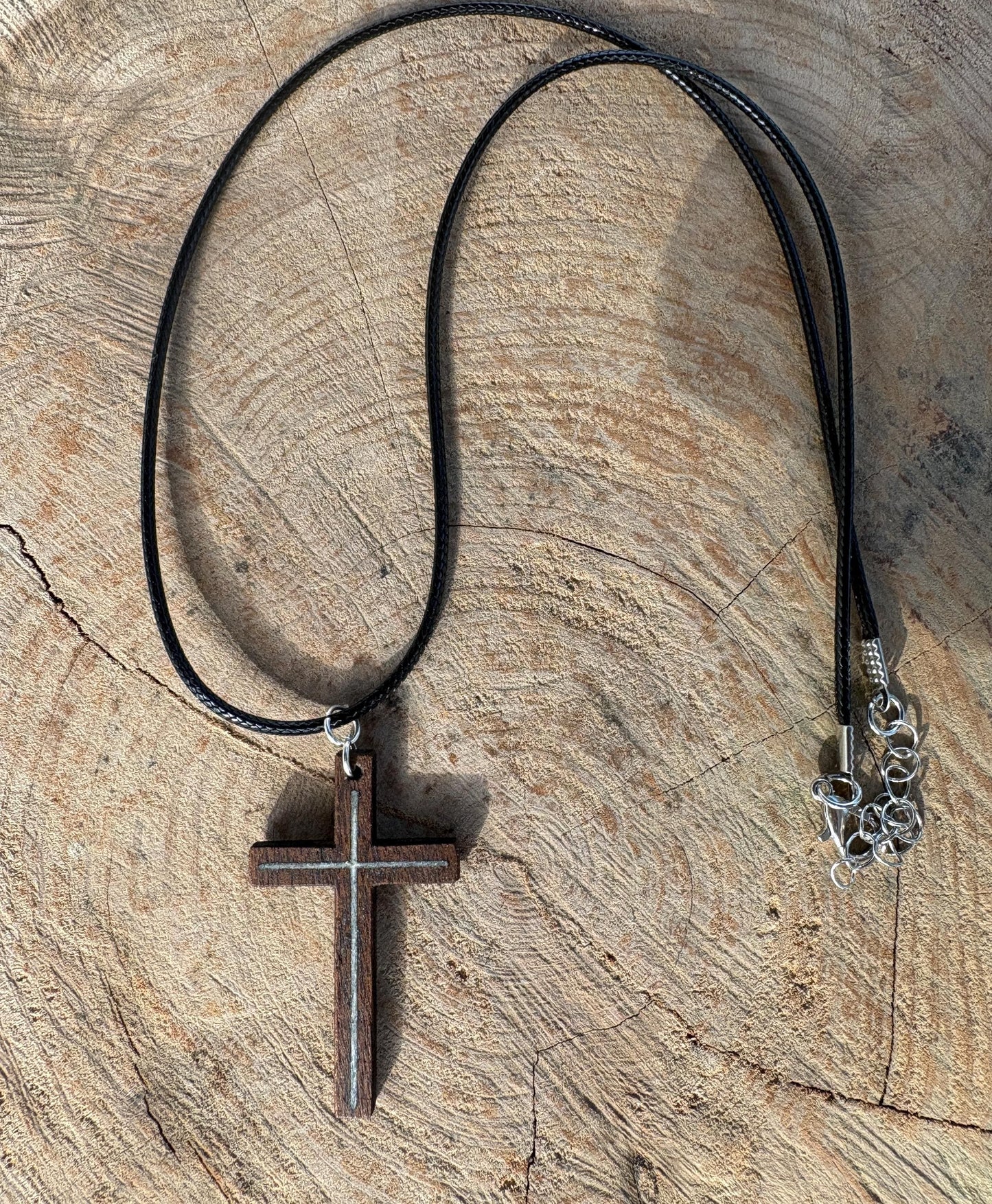 Black Walnut Cross Necklace, White Shimmer Resin Inlay, Faith Jewelry, Adjustable Cord