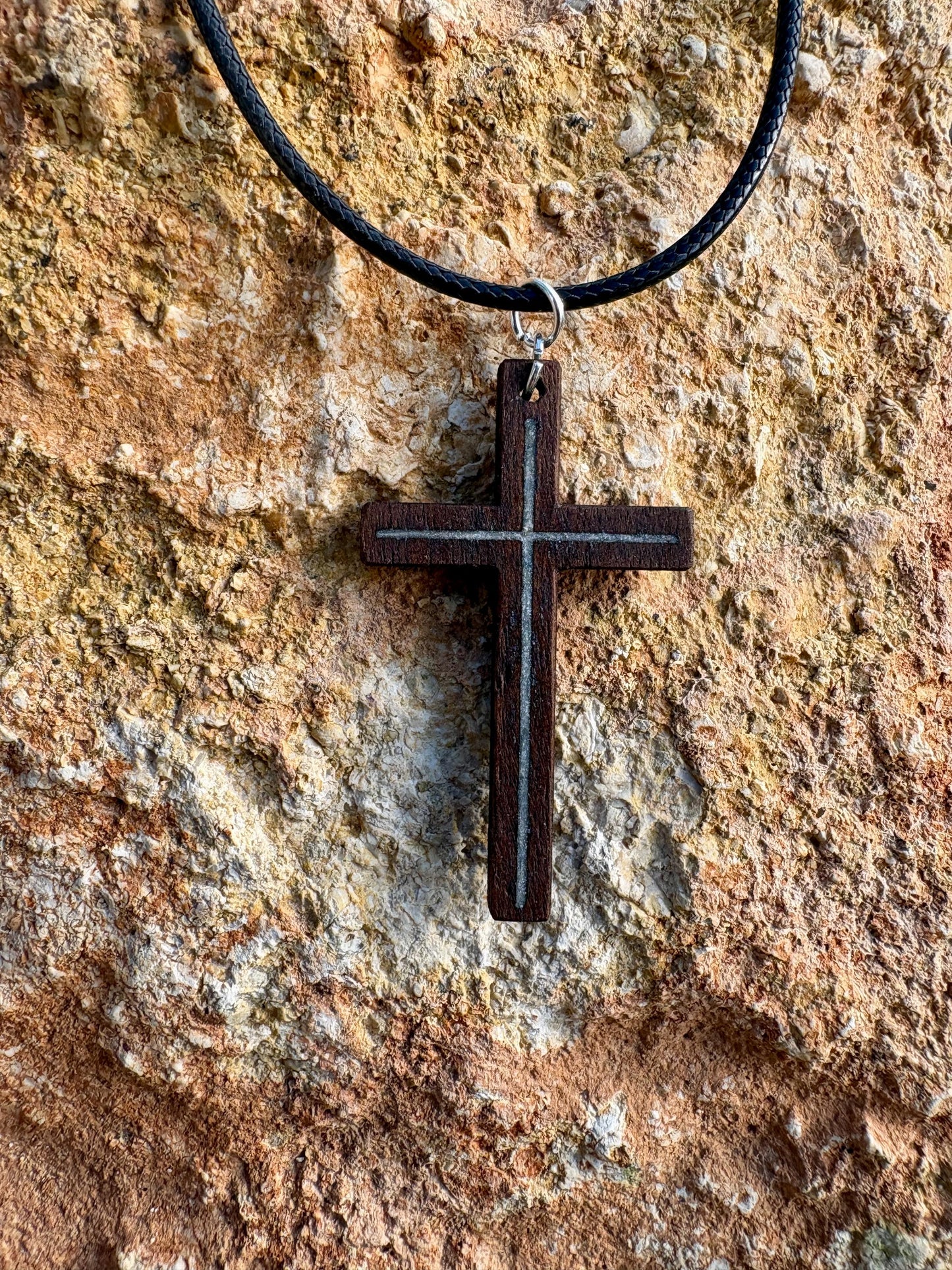 Black Walnut Cross Necklace, White Shimmer Resin Inlay, Faith Jewelry, Adjustable Cord