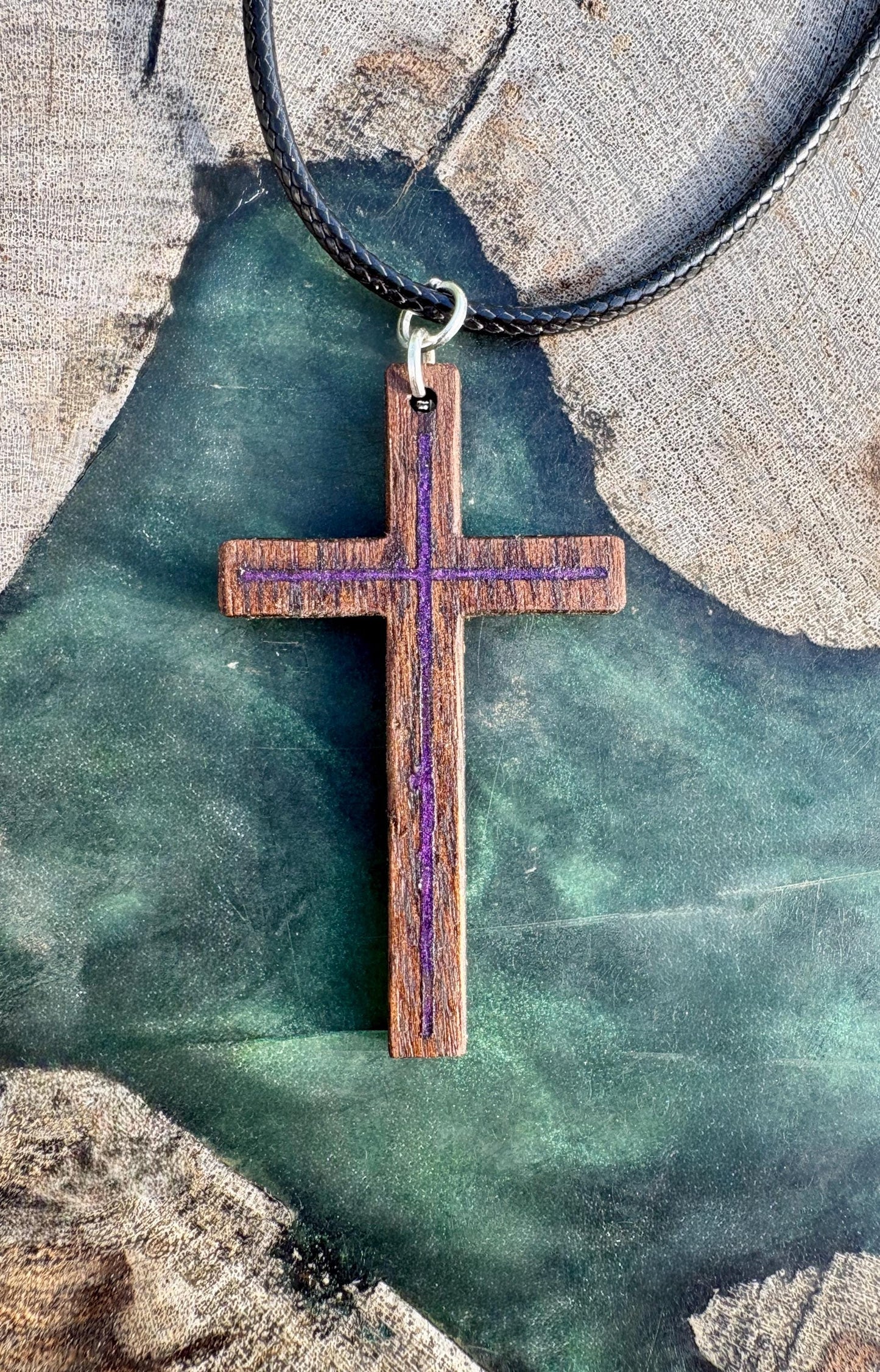 Handmade Black Walnut Cross Necklace, Purple Resin Inlay, Faith Accessory