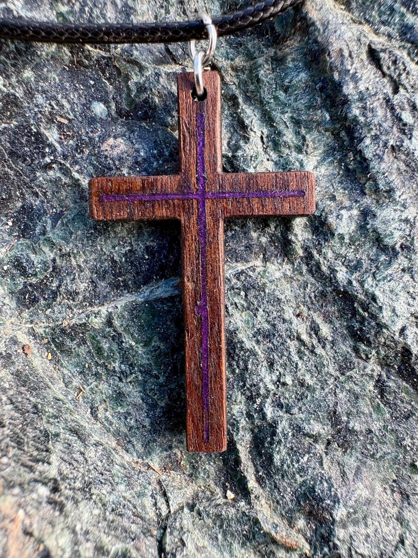 Handmade Black Walnut Cross Necklace, Purple Resin Inlay, Faith Accessory