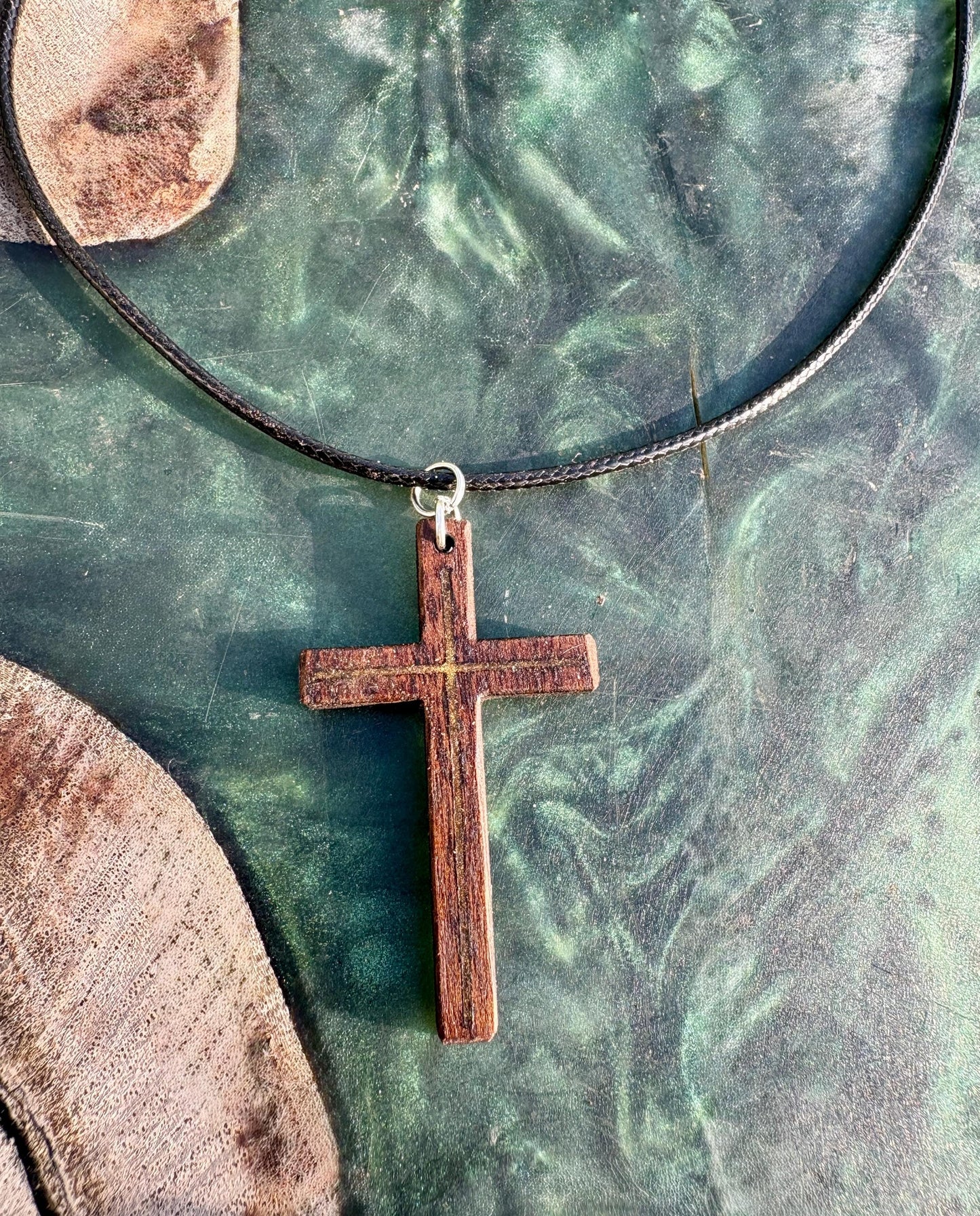 Handmade Black Walnut Cross Necklace, Gold Resin Inlay, Faith Accessory