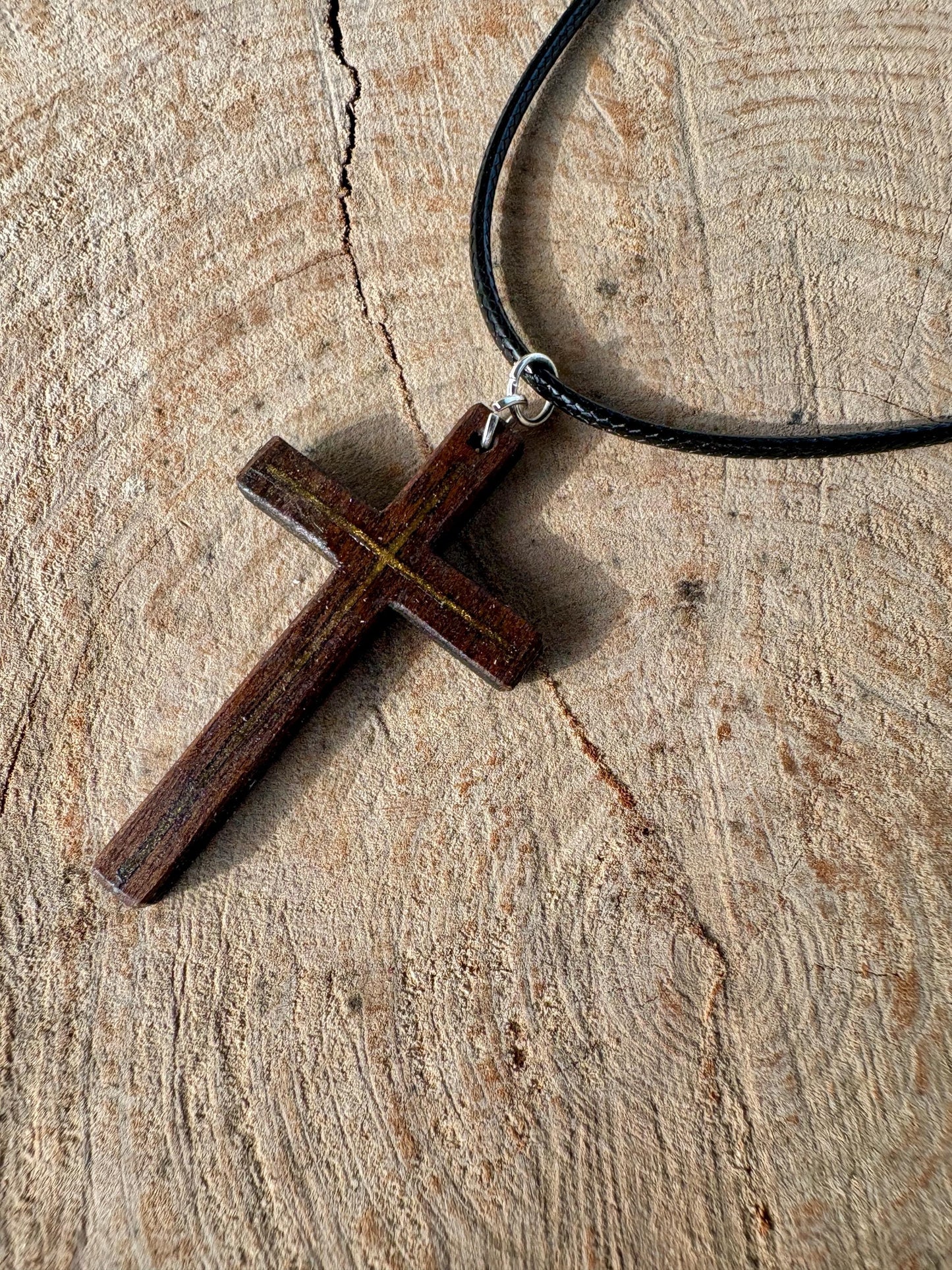 Handmade Black Walnut Cross Necklace, Gold Resin Inlay, Faith Accessory