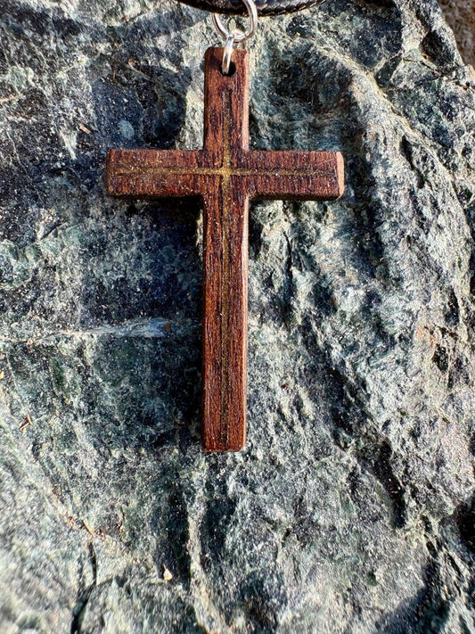 Handmade Black Walnut Cross Necklace, Gold Resin Inlay, Faith Accessory