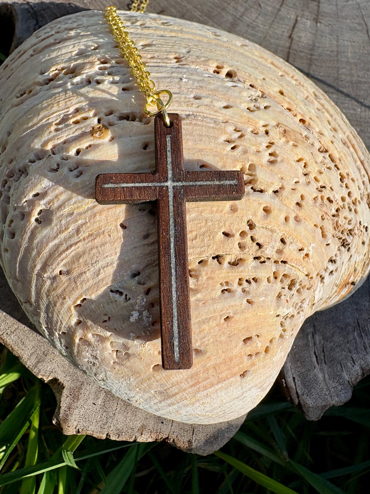 Handmade Black Walnut Cross Necklace, White Resin Inlay, Faith Jewelry