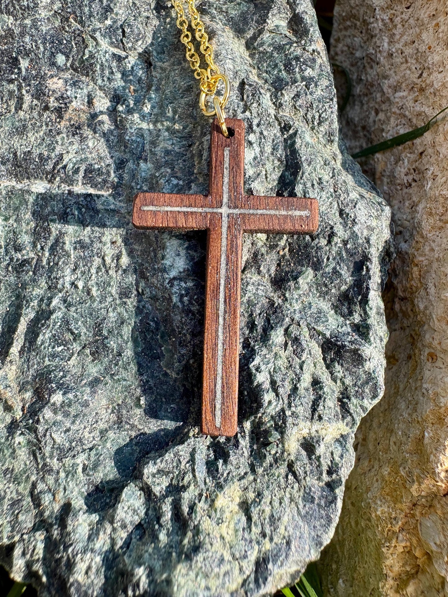 Handmade Black Walnut Cross Necklace, White Resin Inlay, Faith Jewelry