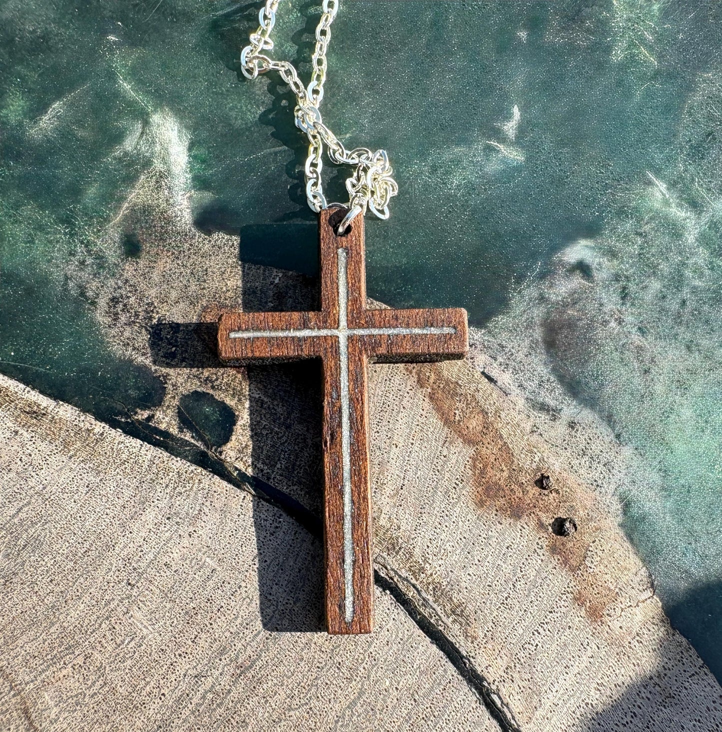 Handmade Black Walnut Cross Necklace, White Resin Inlay, Faith Jewelry
