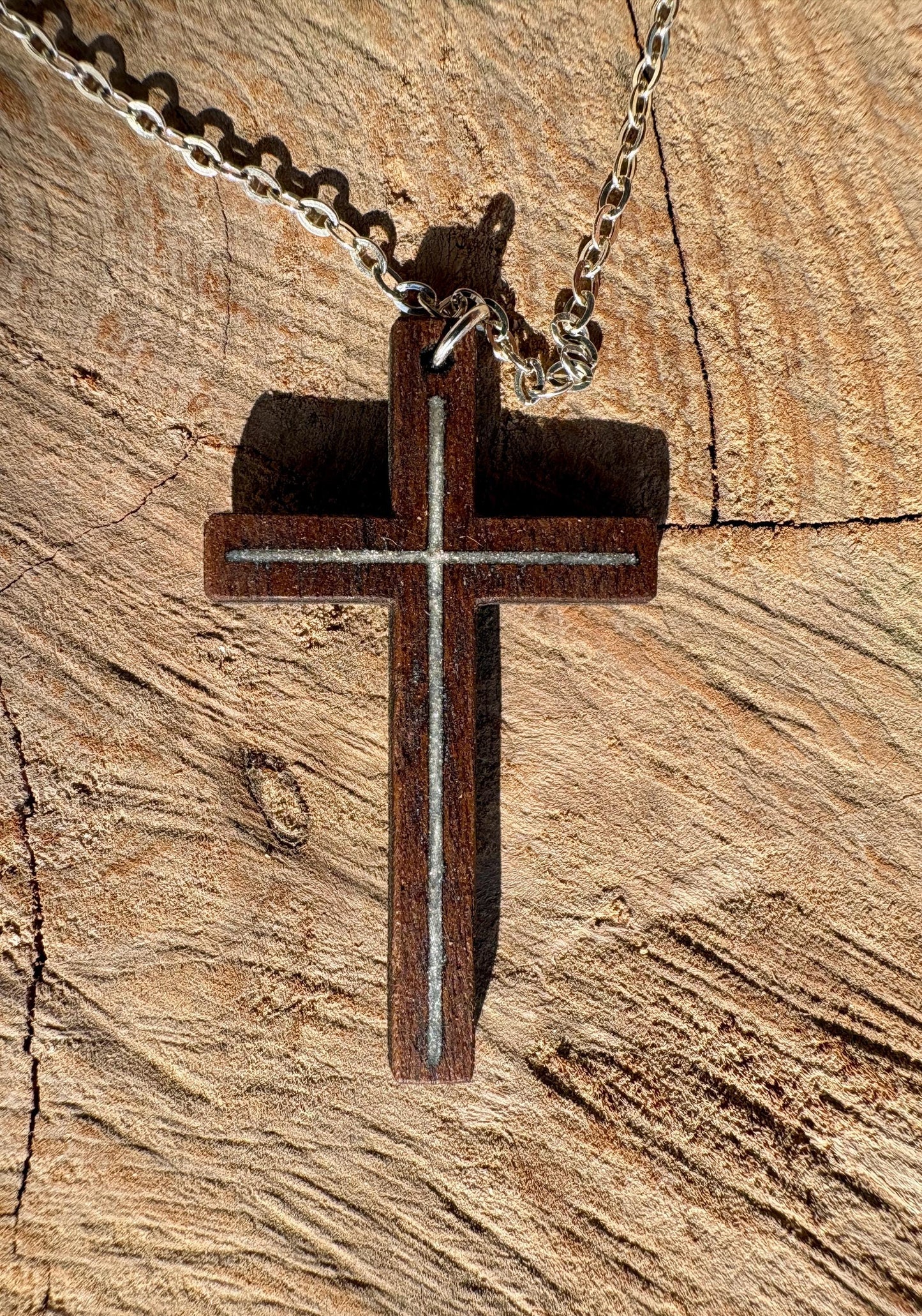 Handmade Black Walnut Cross Necklace, White Resin Inlay, Faith Jewelry