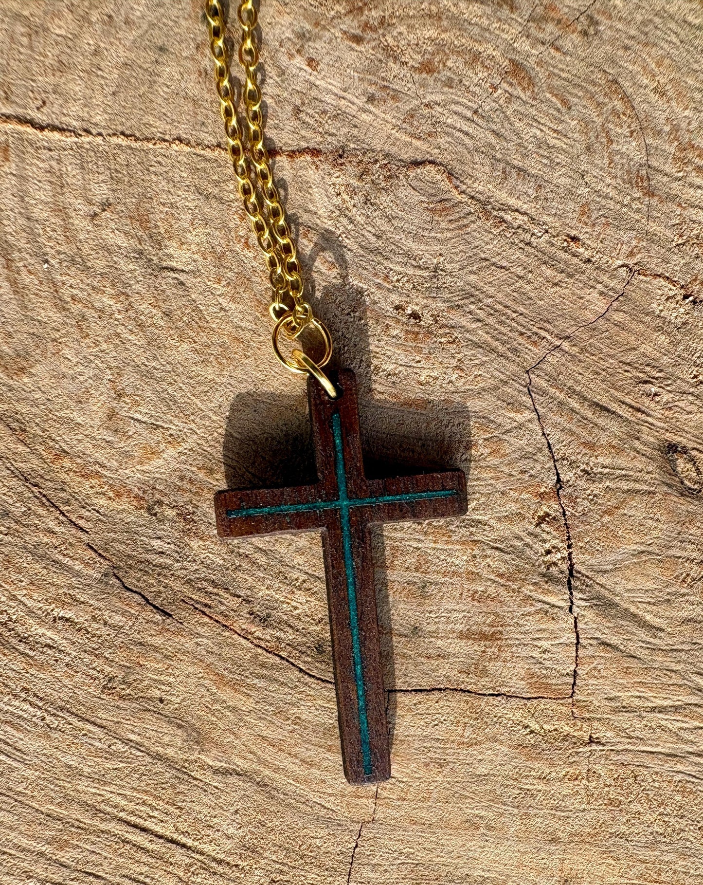 Handmade Black Walnut Cross Necklace, Turquoise Resin Inlay, Faith Jewelry
