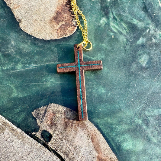 Handmade Black Walnut Cross Necklace, Turquoise Resin Inlay, Faith Jewelry