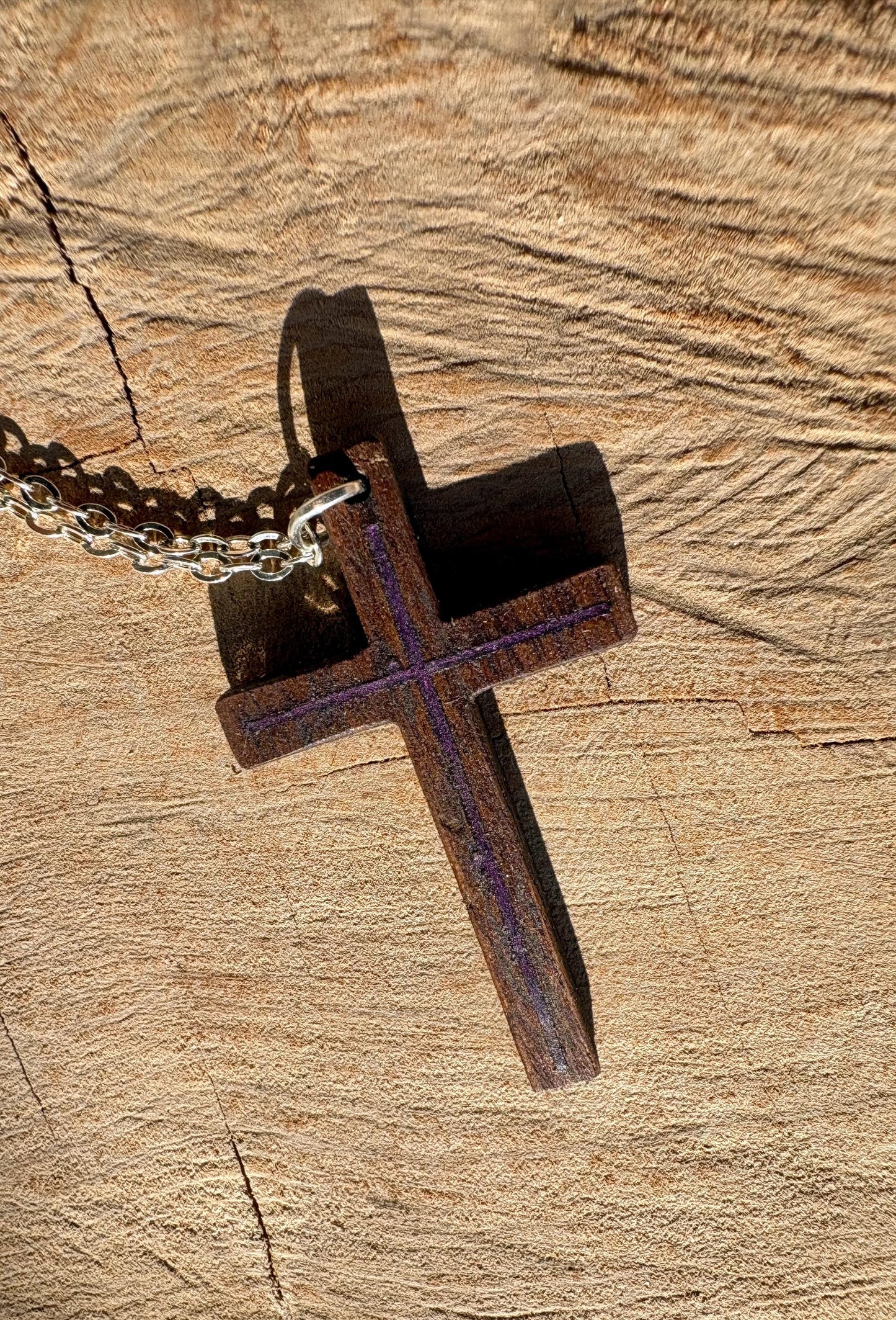 Black Walnut Cross Necklace, Purple Resin Inlay, Gold or Silver Chain