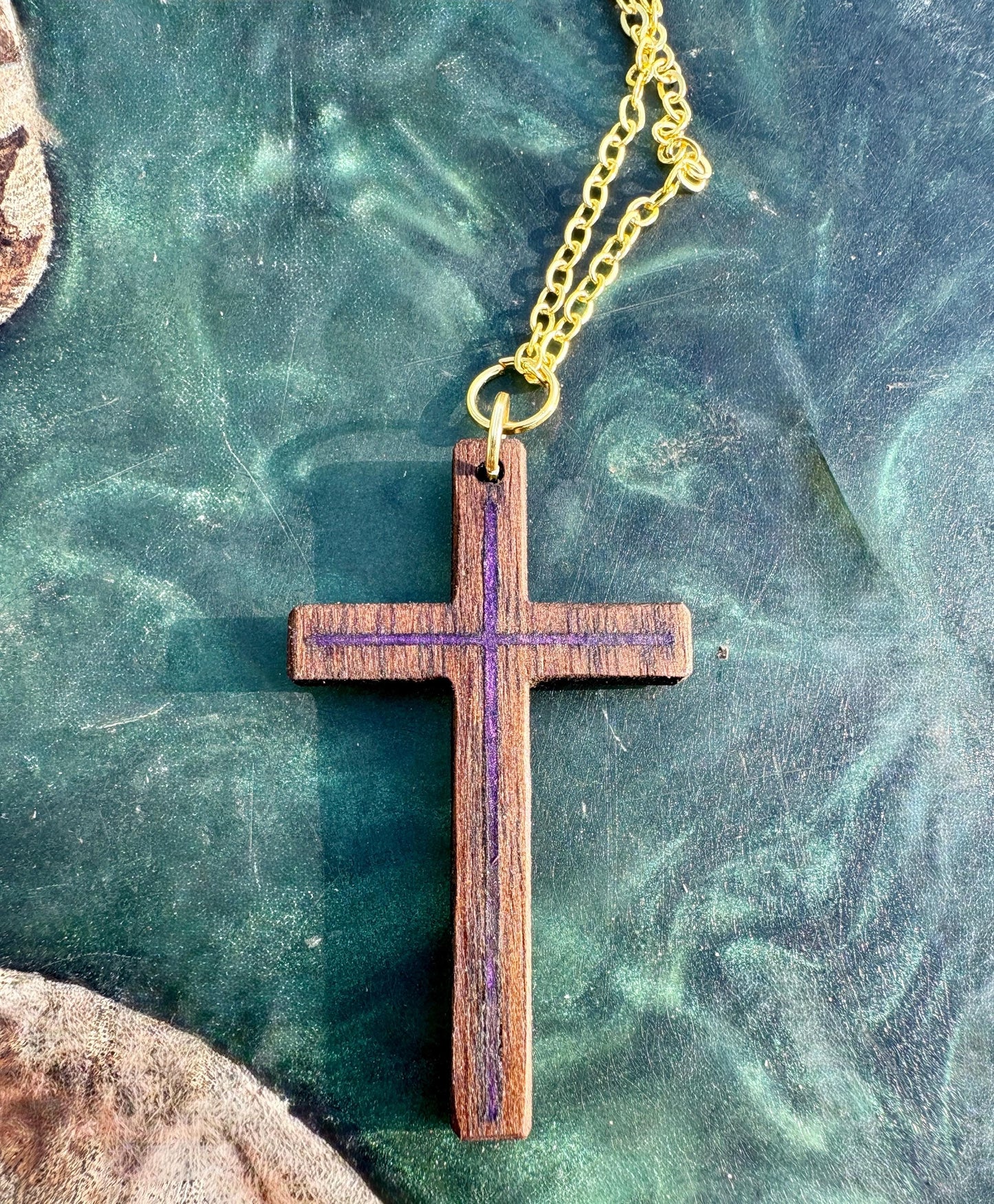 Black Walnut Cross Necklace, Purple Resin Inlay, Gold or Silver Chain