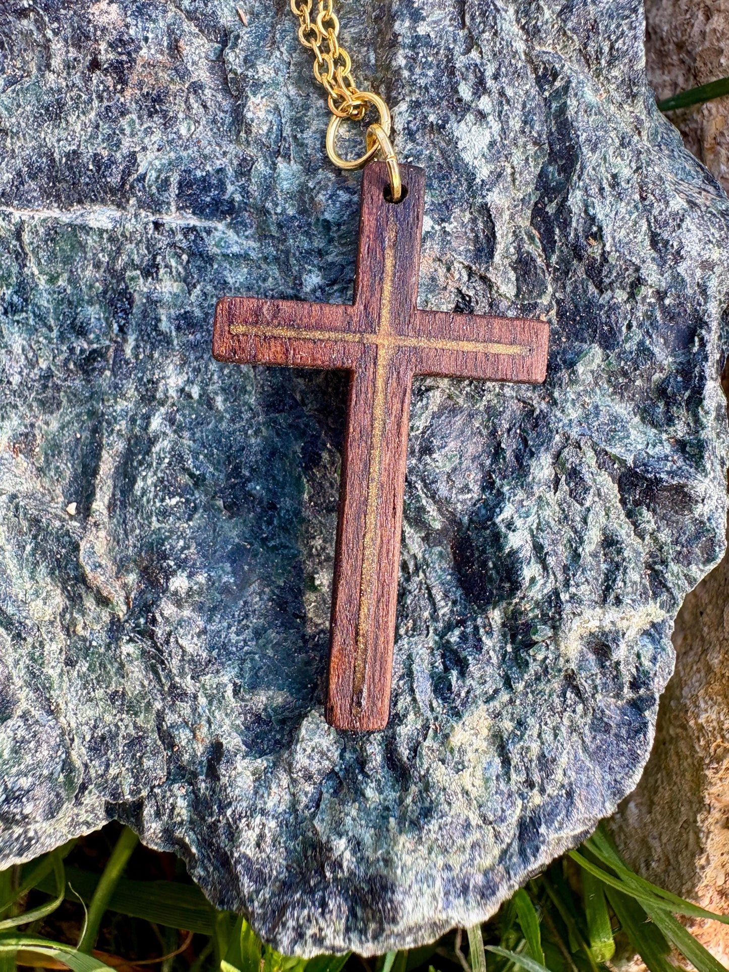 Handmade Black Walnut Cross Necklace, Gold Resin Inlay, Faith Jewelry