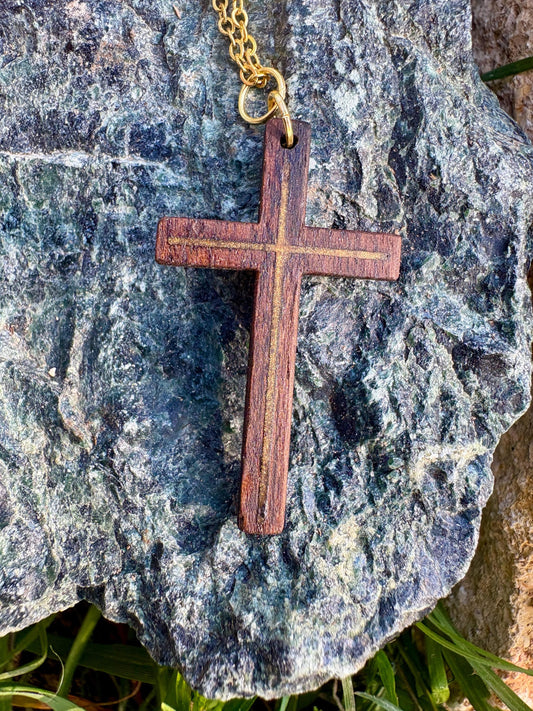 Handmade Black Walnut Cross Necklace, Gold Resin Inlay, Faith Jewelry