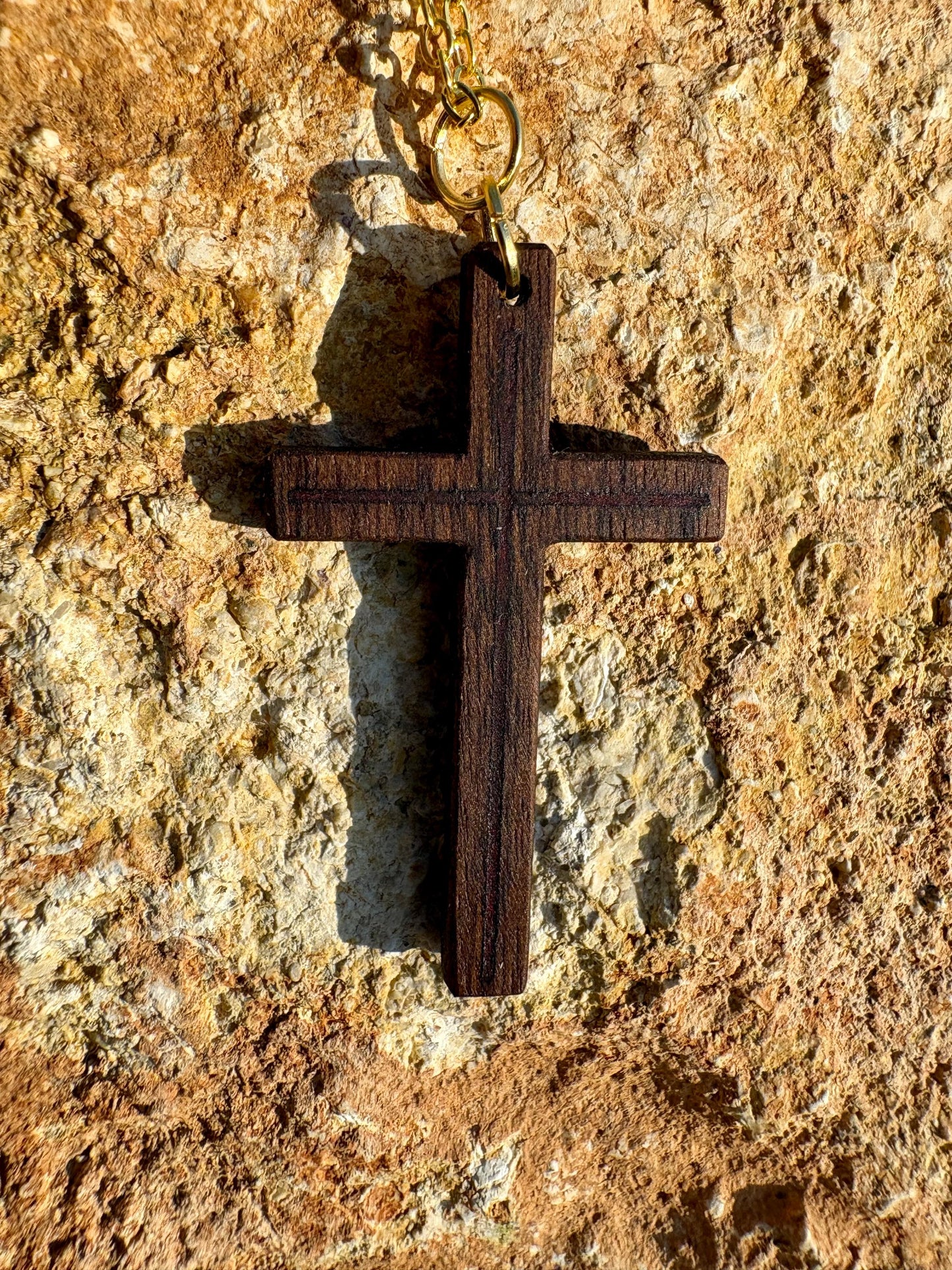 Handmade Black Walnut Cross Necklace, Red Resin Inlay, Gold or Silver Chain