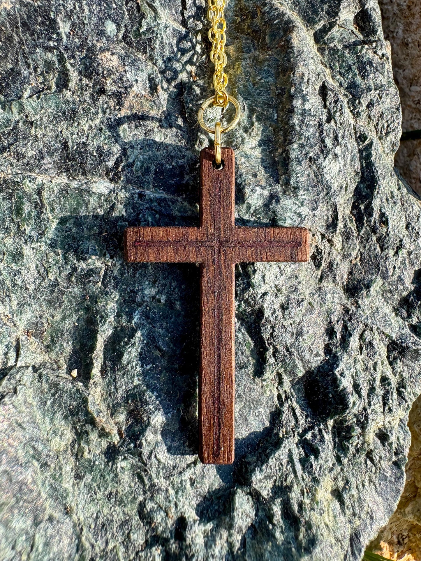Handmade Black Walnut Cross Necklace, Red Resin Inlay, Gold or Silver Chain