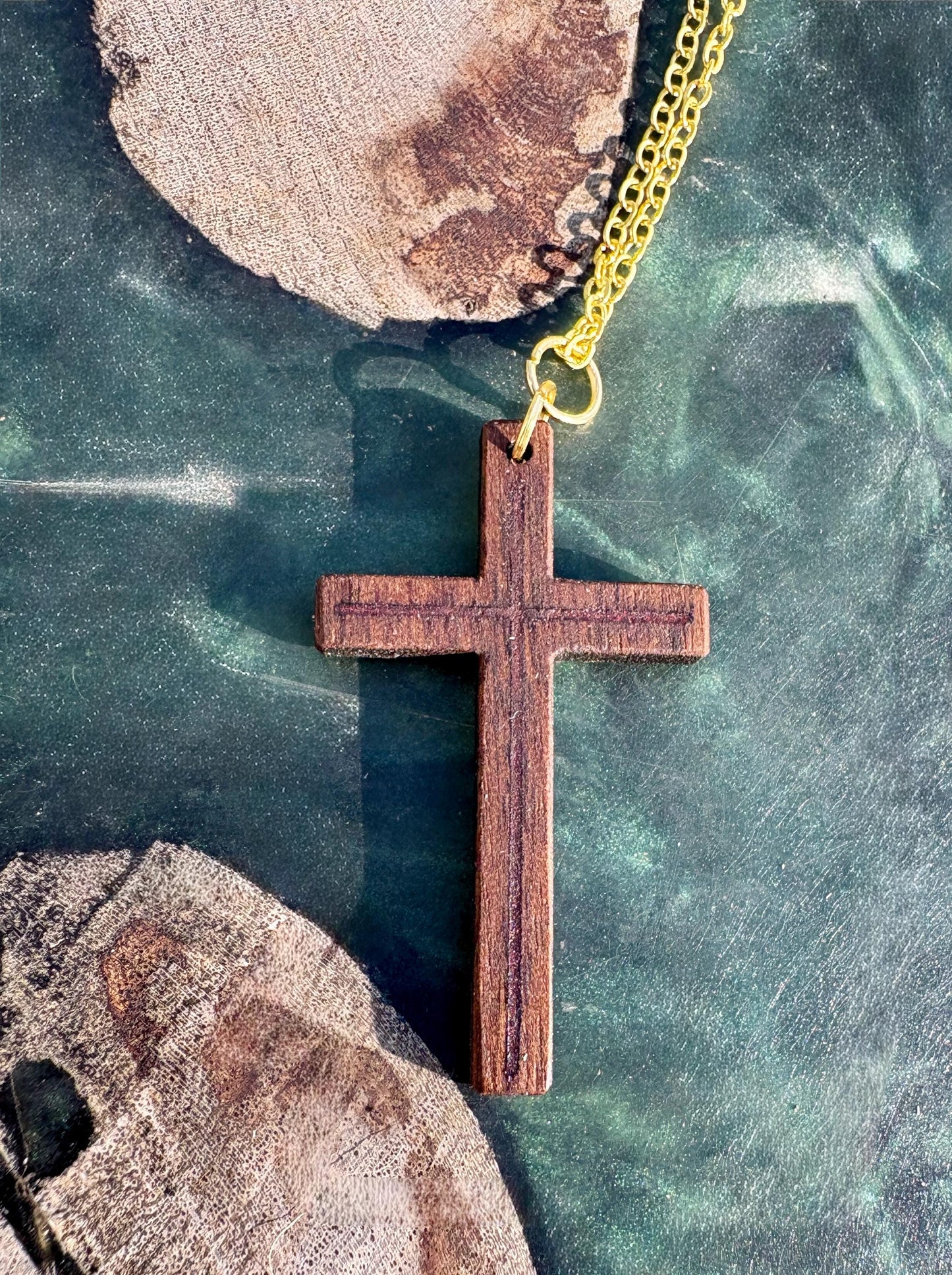 Handmade Black Walnut Cross Necklace, Red Resin Inlay, Gold or Silver Chain