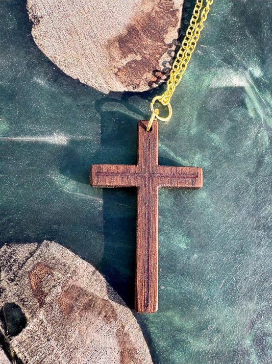 Handmade Black Walnut Cross Necklace, Red Resin Inlay, Gold or Silver Chain