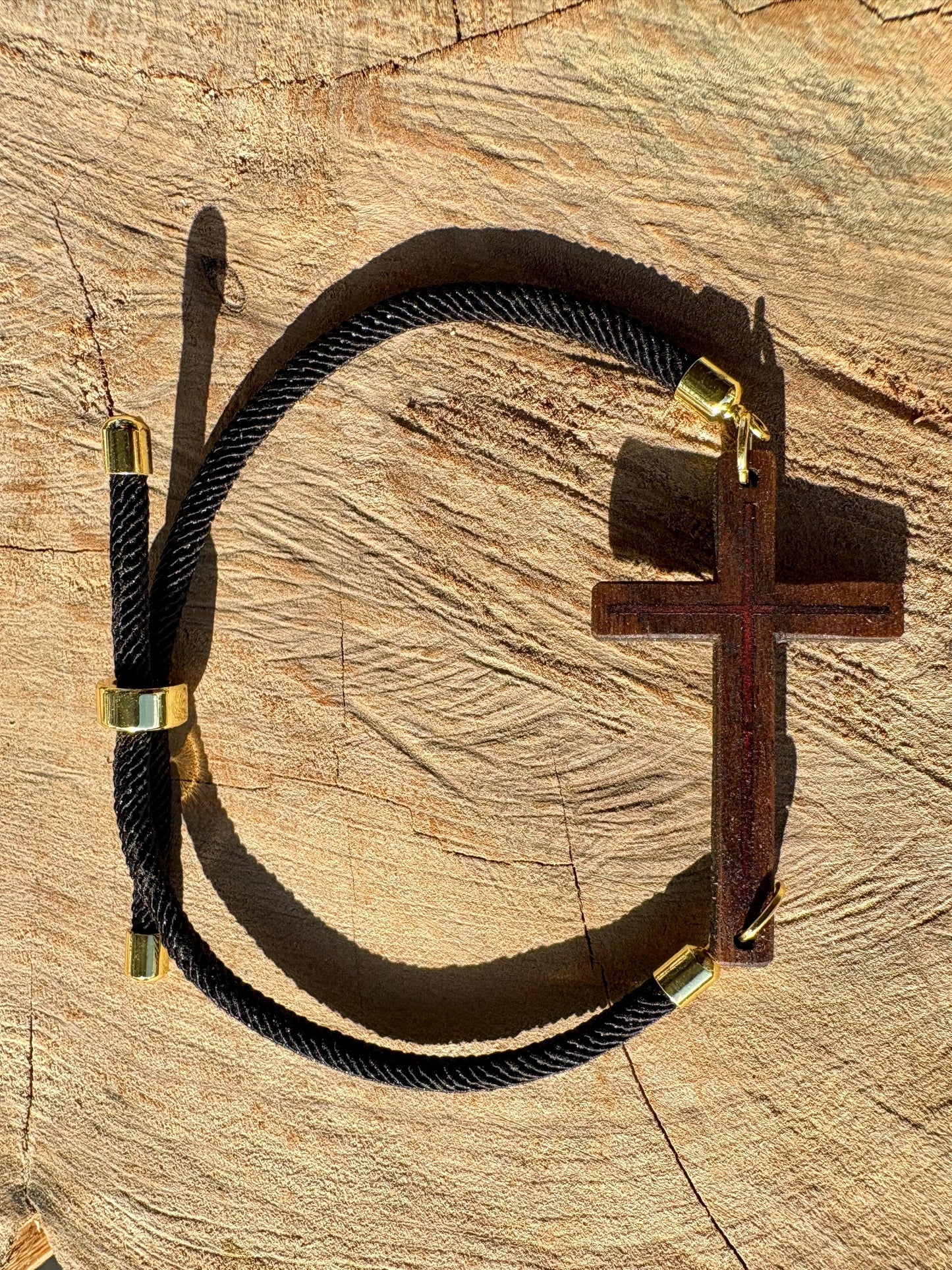 Handmade Black Walnut Cross Bracelet, Red Resin Inlay, Adjustable Cord, Spring and Summer Jewelry