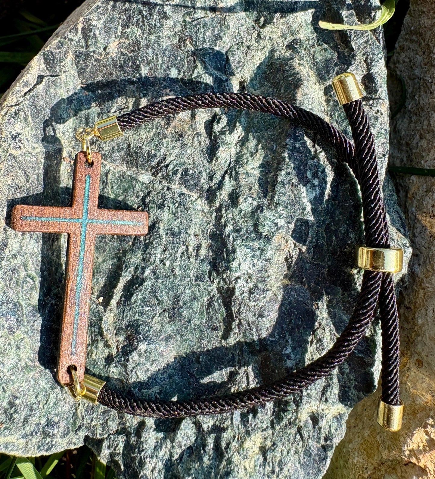 Black Walnut Cross Bracelet, Turquoise Resin Inlay, Adjustable Cord, Faith Jewelry