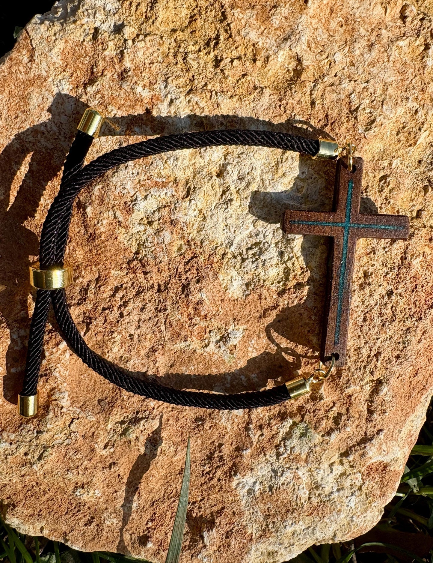 Black Walnut Cross Bracelet, Turquoise Resin Inlay, Adjustable Cord, Faith Jewelry