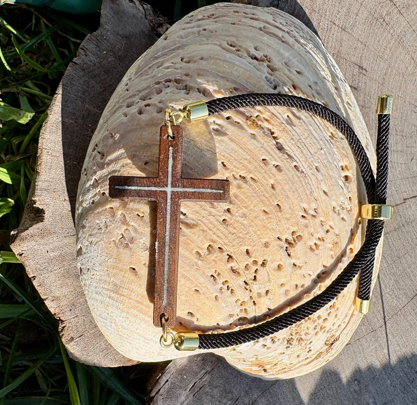 Black Walnut Cross Bracelet, White Resin Inlay, Adjustable Cord, Faith Jewelry
