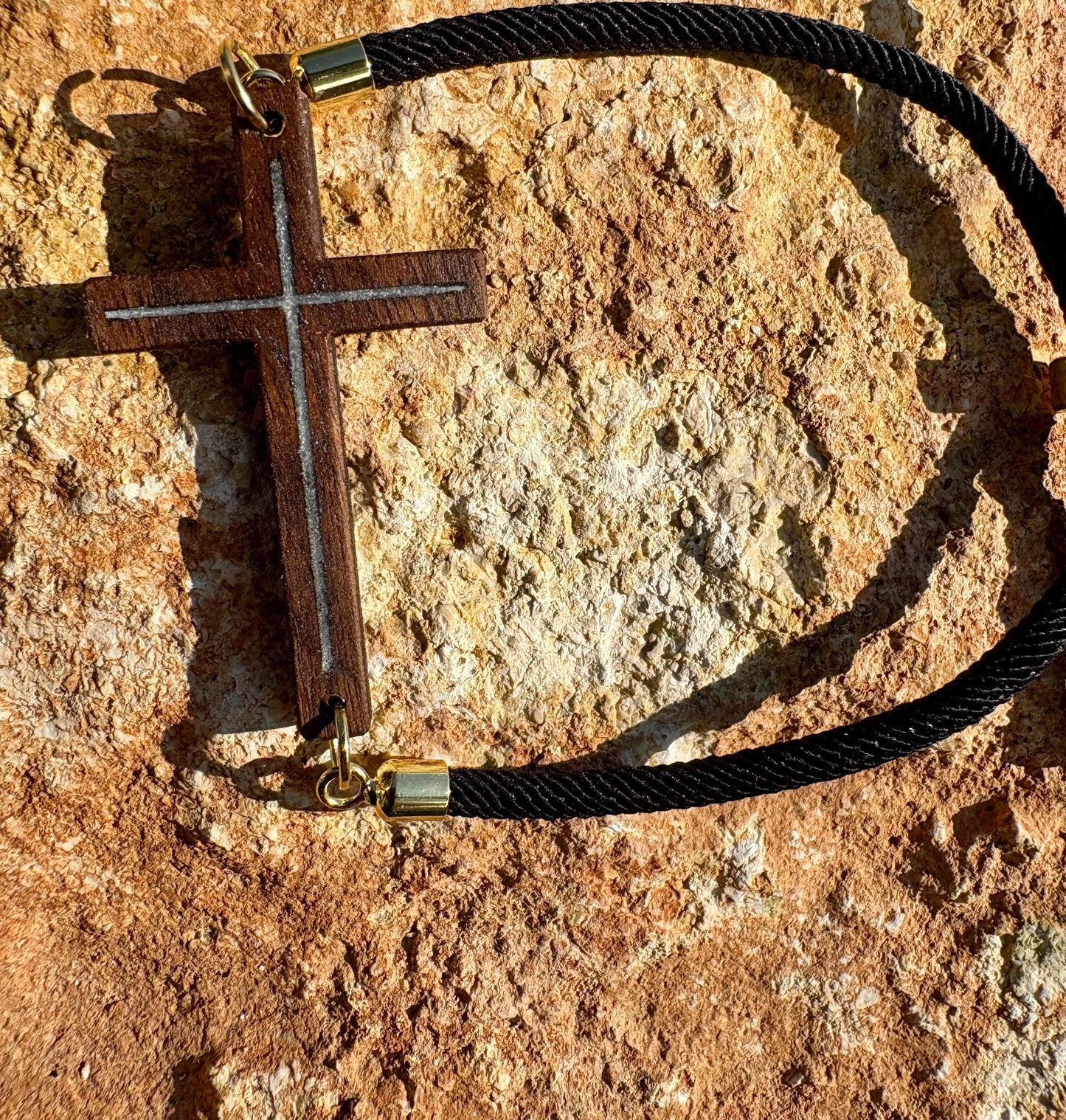 Black Walnut Cross Bracelet, White Resin Inlay, Adjustable Cord, Faith Jewelry