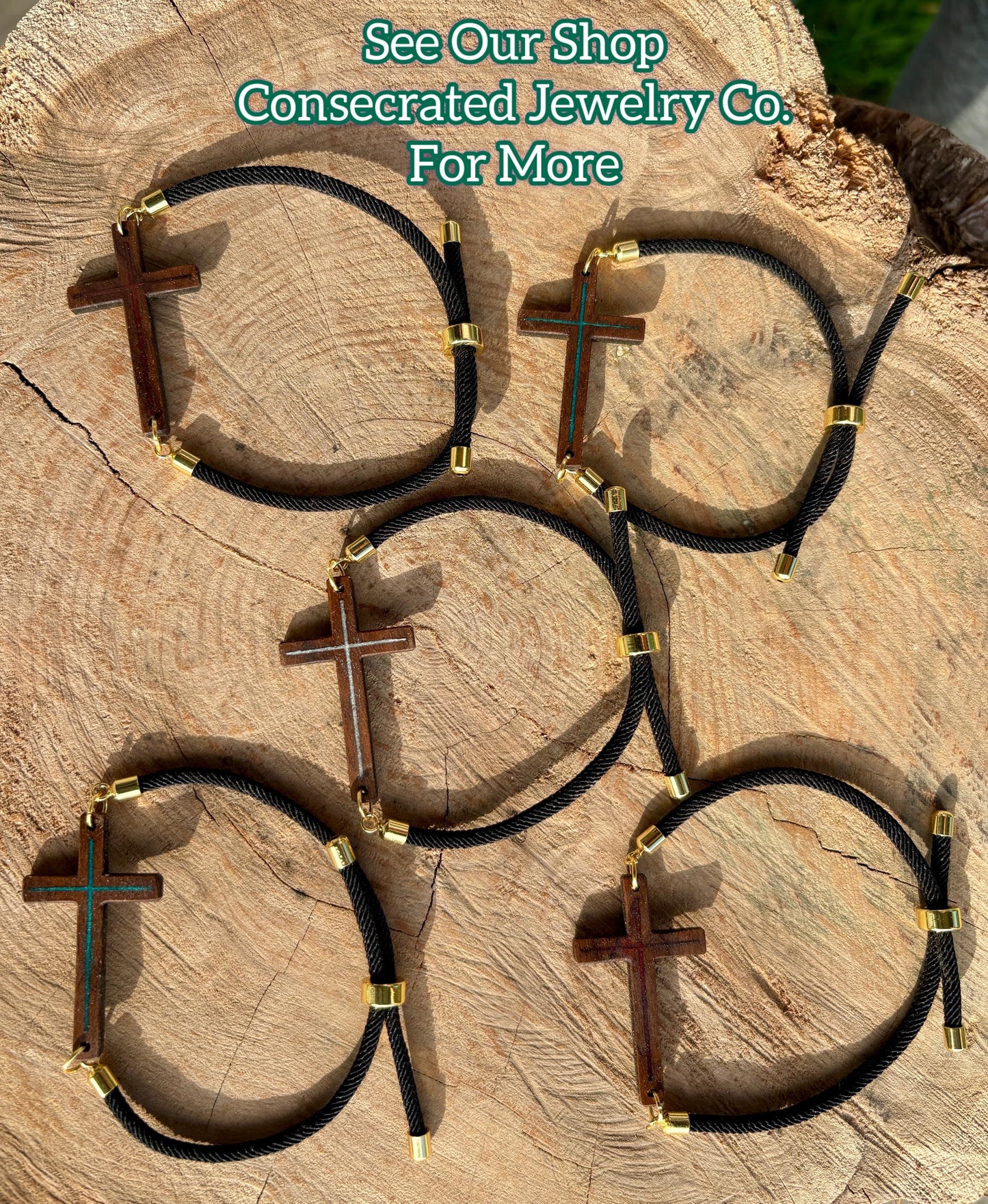 Black Walnut Cross Bracelet, Turquoise Resin Inlay, Adjustable Cord, Faith Jewelry