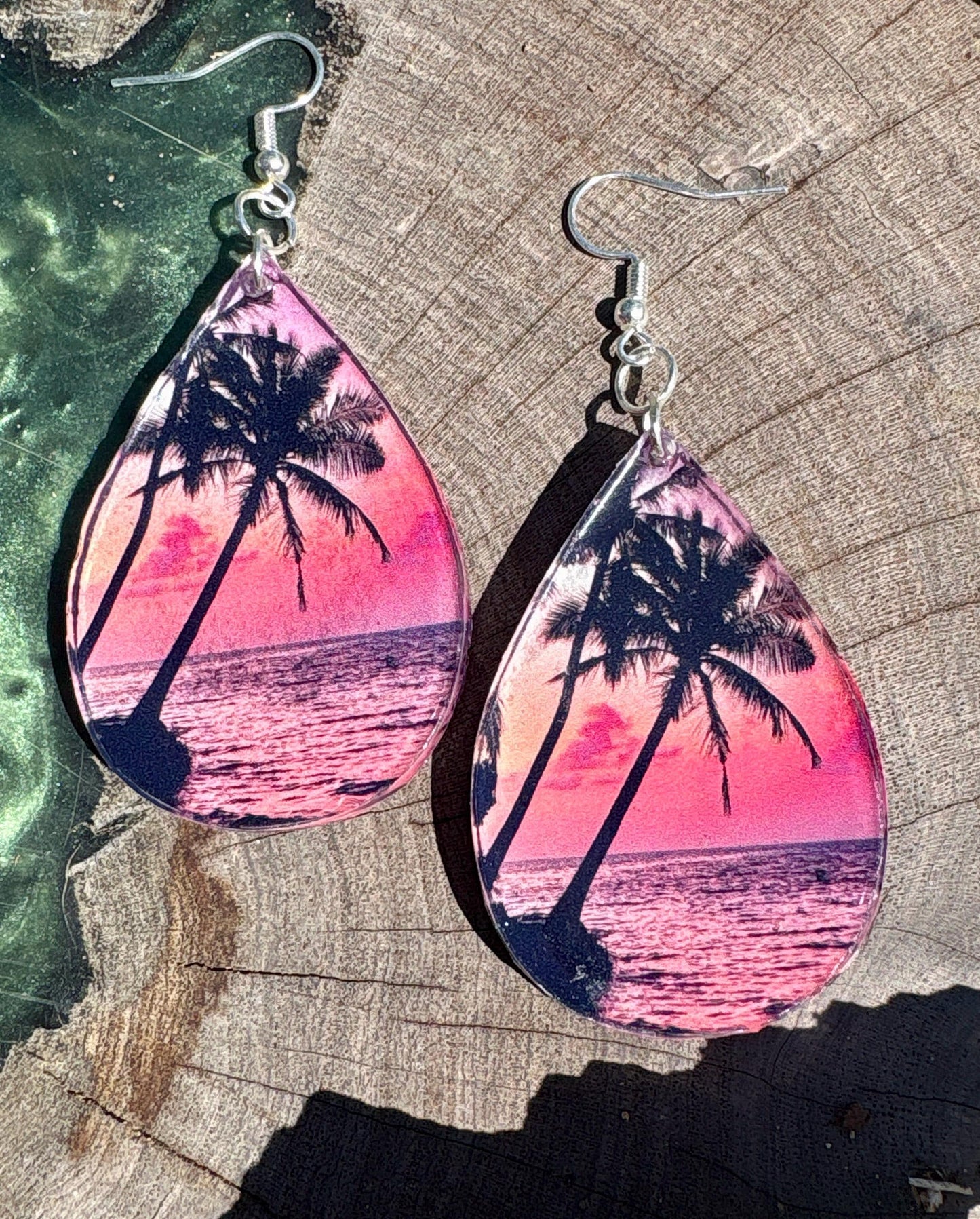 Resin Teardrop Palm Tree Dangle Earrings, Vacation and Summer Jewelry, Beach and Tropical Accessory