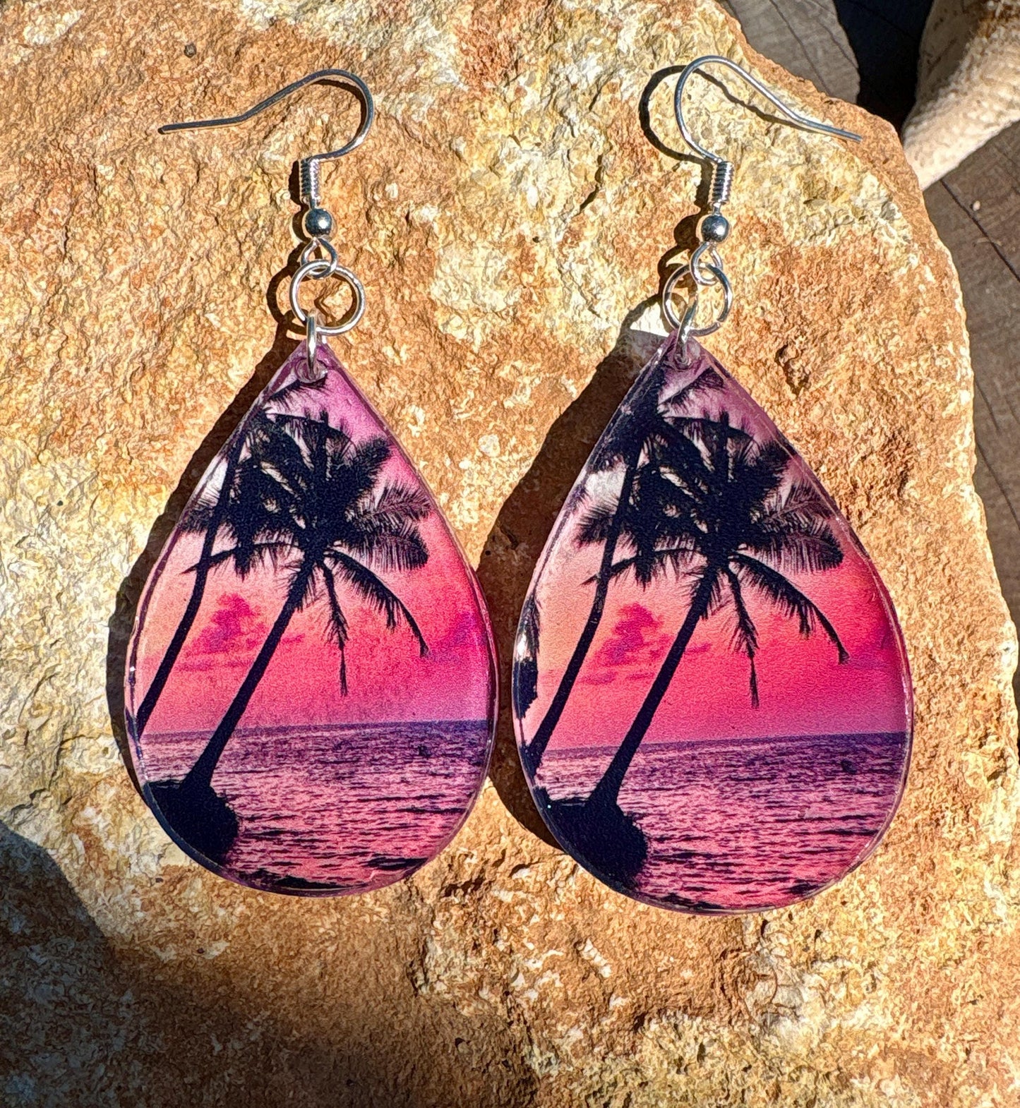 Resin Teardrop Palm Tree Dangle Earrings, Vacation and Summer Jewelry, Beach and Tropical Accessory